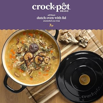 Crock Pot Artisan 7-Quart Round Cast Iron Dutch Oven with Lid Black Enamel Finish, Gold Knob, Durable Heavy-Duty Cookware for Slow Cooking, Baking, and Roasting