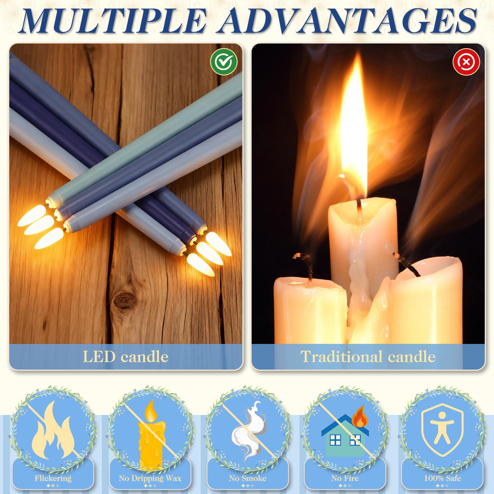 Baquler Lot de 12 bougies coniques sans flamme bleues de 27,9 cm à piles LED en plastique dégradé pour mariage, église, dîner, maison, fête de Noël