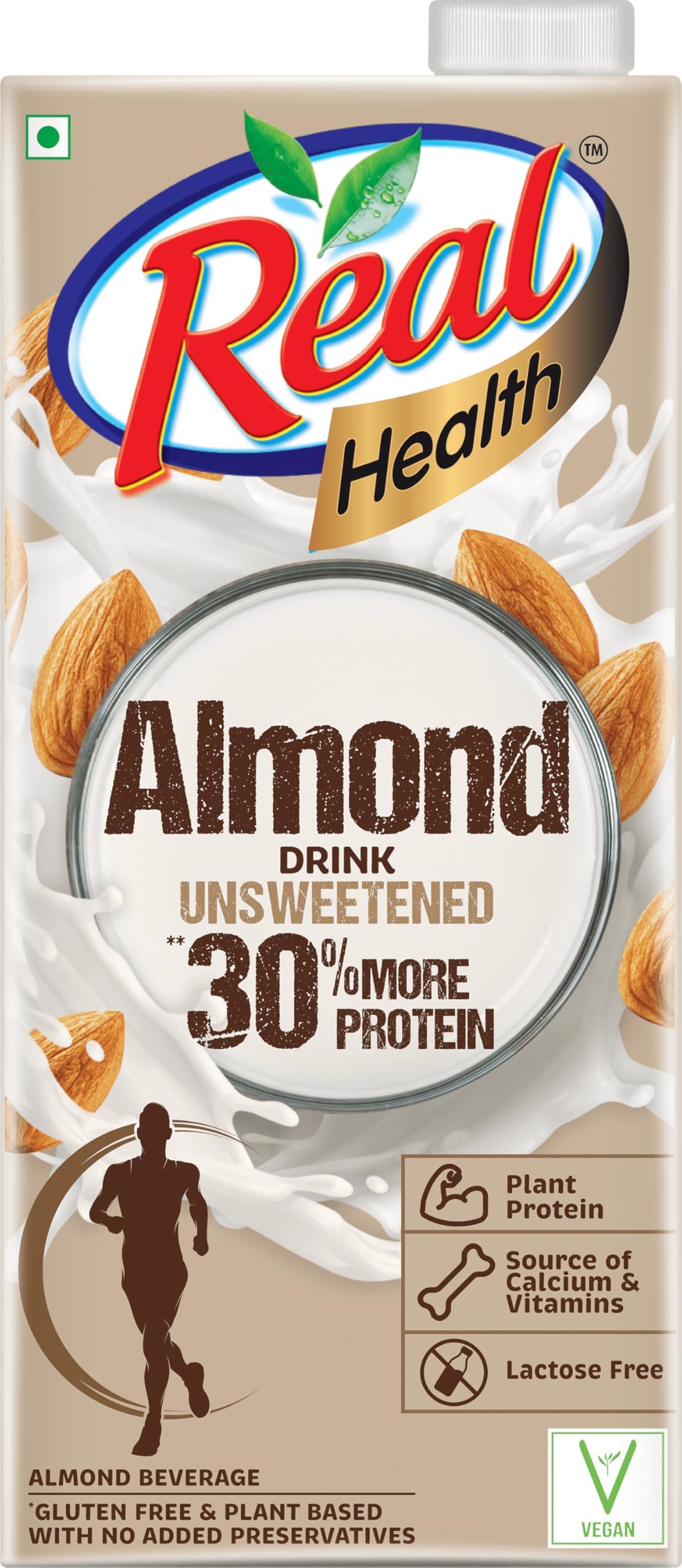 Real Health Unsweetened Almond Milk 1L - Unsweetened | Lactose Free | Cholesterol Free | Plant Based Beverage | Gluten Free | No added preservatives