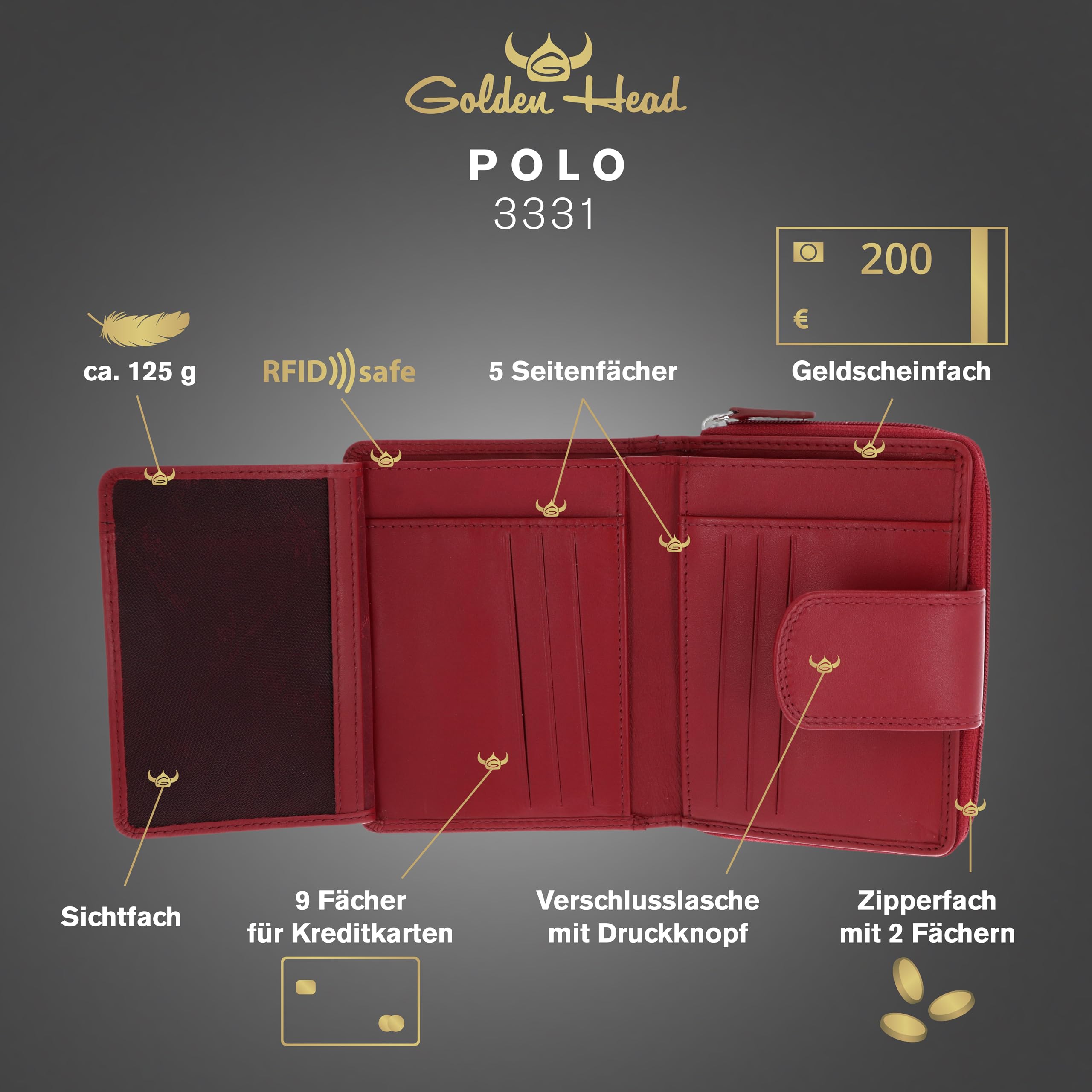 Golden Head Leder Geldbörse Polo RFID Protect RV-Börse 3331 Rot dunkelrot