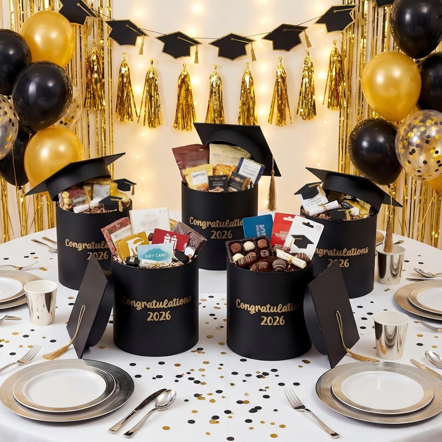 BreezeHug 6 Pcs Graduation Cap Flower Gift Boxes 2026, Congratulations Graduation Centerpiece Gift Box Holders for Bouquet Arrangements, Candy, Keepsake Party Table Decorations