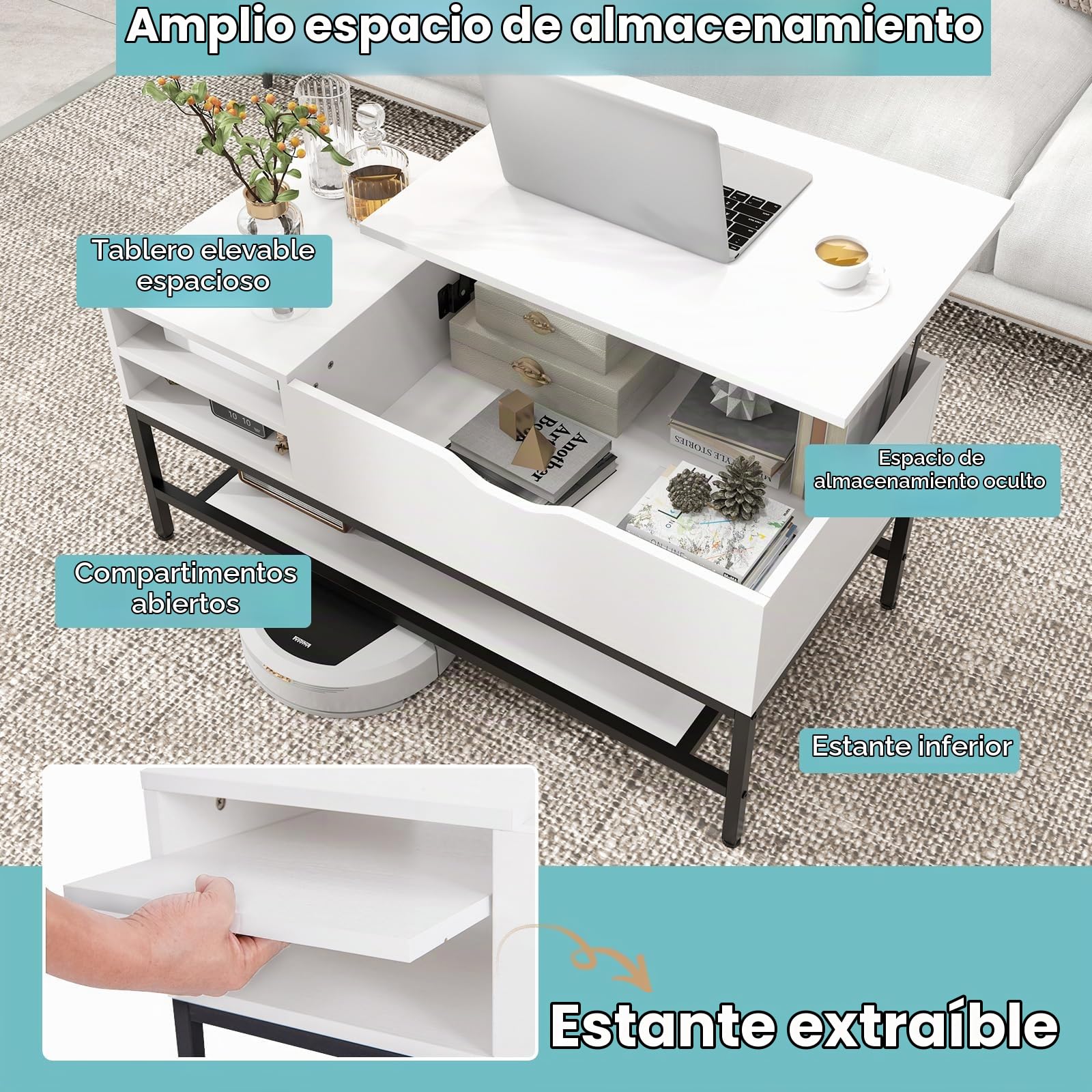 LIFEZEAL Mesa de Centro elevable, Mesa de salón con Compartimento Oculto, Mueble de salón con Estructura de Metal, Estante de Almacenamiento extraíble, 100 x 49,5 x 47,5 cm (Blanco)
