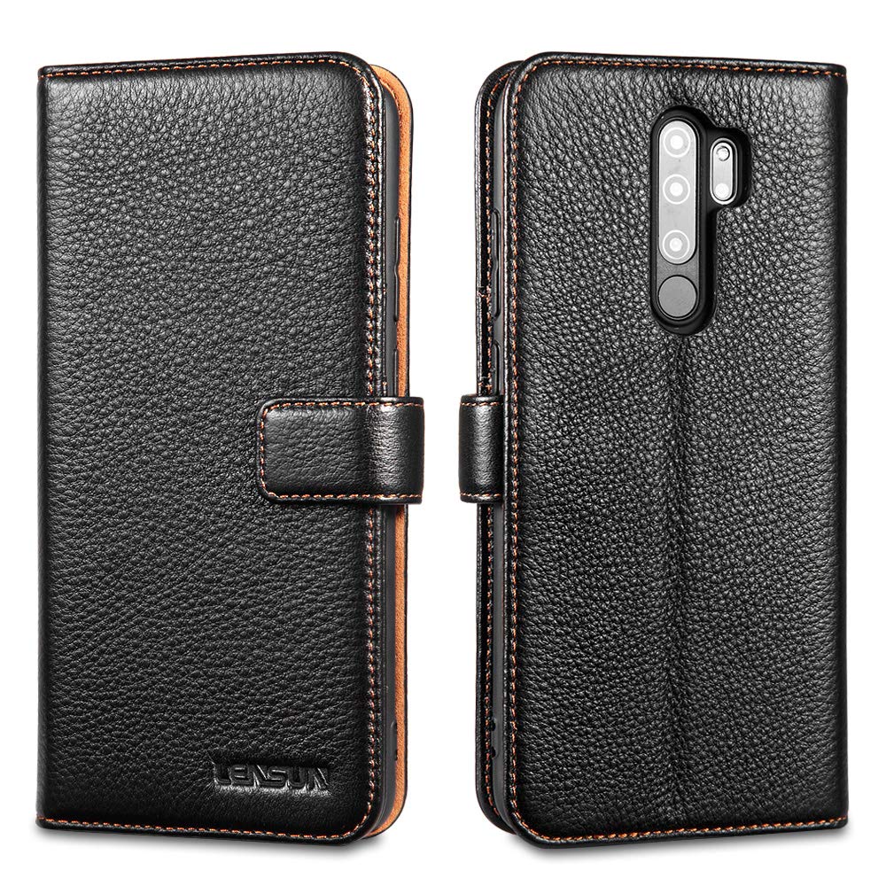 LENSUN Xiaomi Mi Redmi Note 8 Pro Leather Case, Flip Genuine Leather Phone Case Wallet Cover with Magnetic Closure for Xiaomi Mi Redmi Note 8 Pro – Black (MN8P-LG-BK)