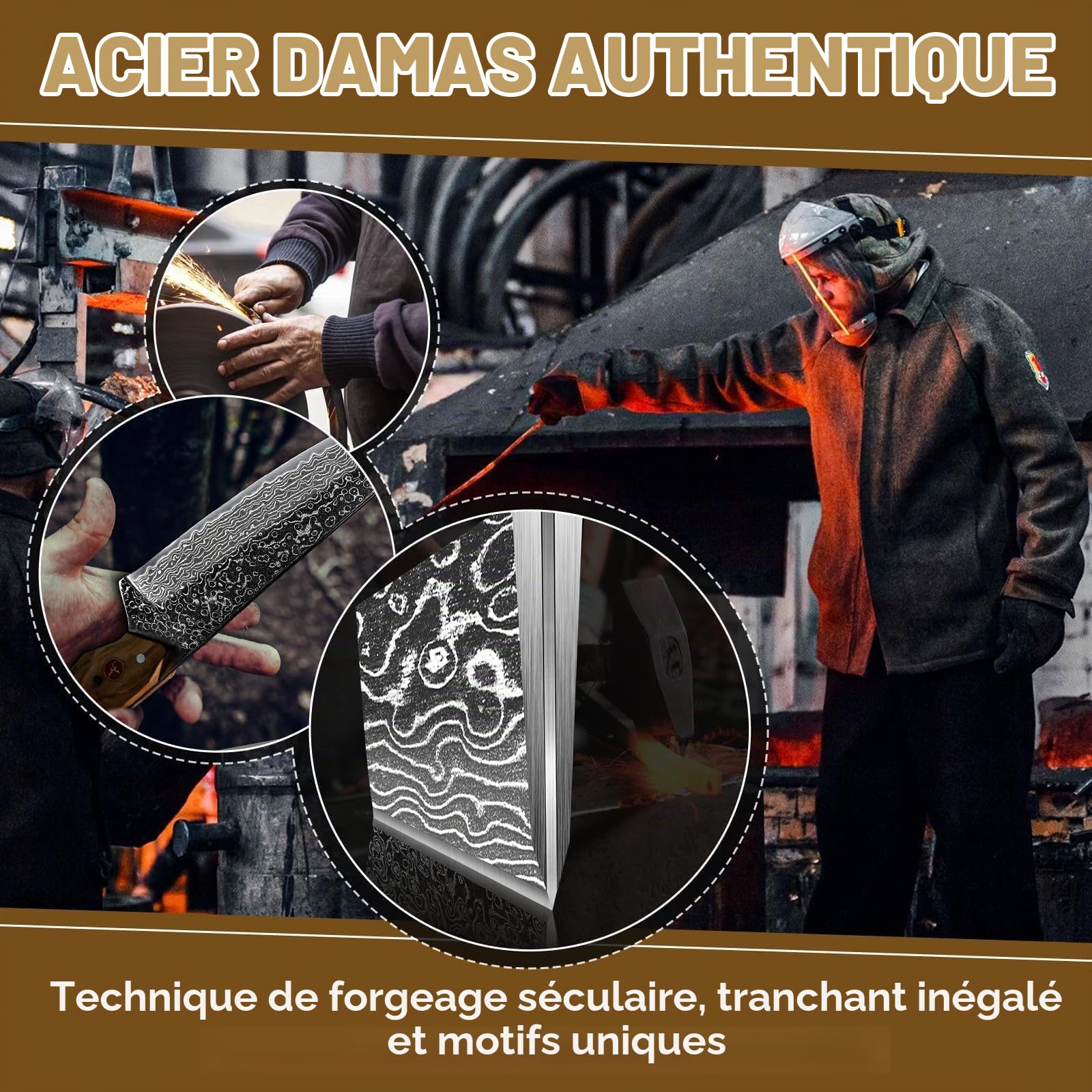 TAN REN Damas Couteaux, Couteaux de Chef Professionnels Forgés à la Main, Couteaux de Chef Damas avec Coffret Cadeau, Couteaux à Découper Exceptionnellement Tranchants