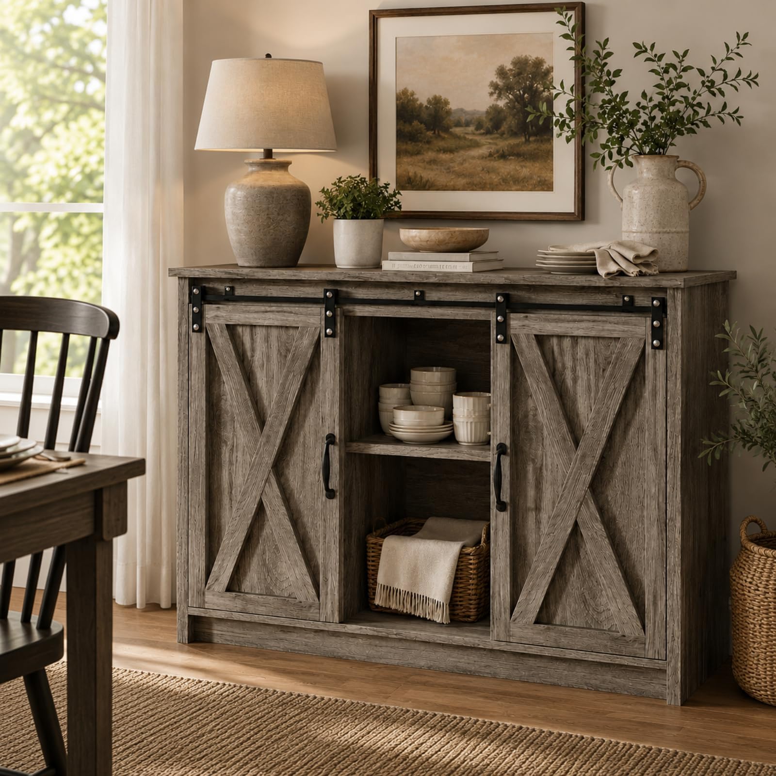 Farmhouse Coffee Bar Buffet Cabinet Sliding Barn Door Adjustable Shelf Grey image 9