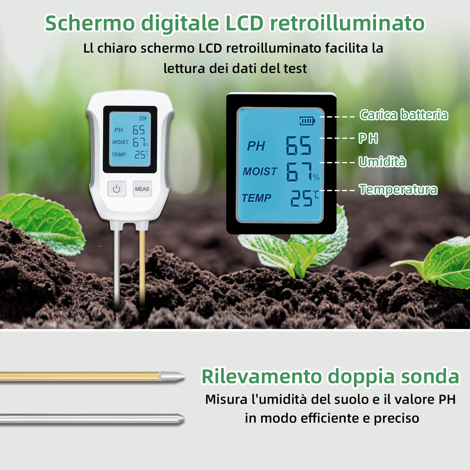 Mcbazel Misuratore PH del Suolo 3 in 1, Test del Suolo a Base Acida Rilevamento Temperatura umidità Tester di umidità con LCD retroilluminato Compatibile con Giardinaggio/Piante in Vaso/Fattoria