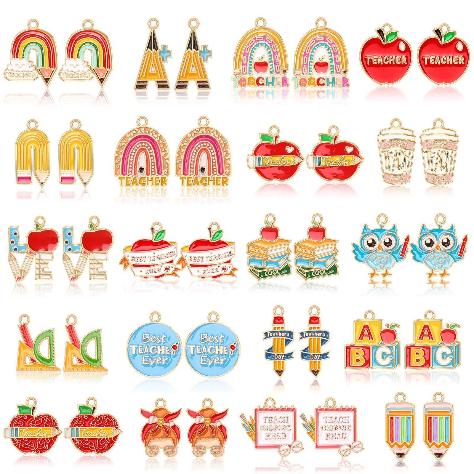 MARFOREVER Teacher Charms, 40Pcs/20 Pairs Student School Charms for Jewelry Making, Assorted Pencil Book Globe Enamel Charm Pendants for Bracelet