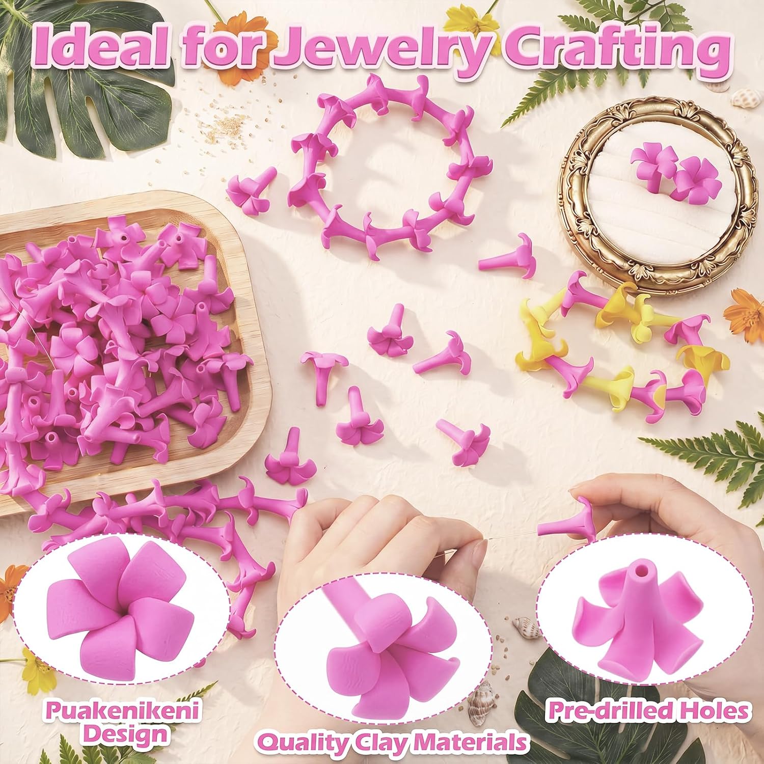 Jutom 100 Pcs Puakenikeni Flower Clay Beads, Pre-drilled Holes, Pink