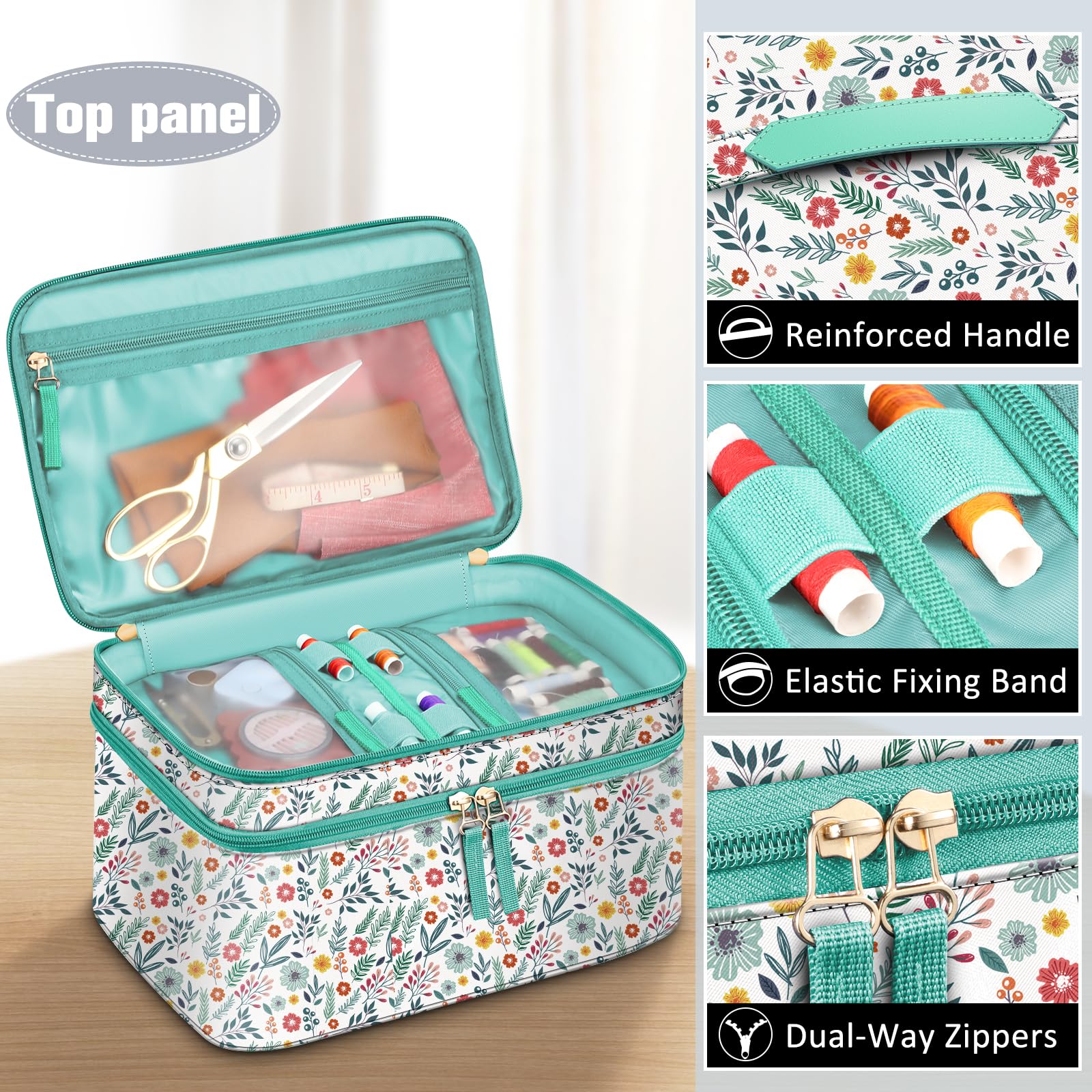 FINPAC Estuche organizador y de almacenamiento de accesorios de costura, kit de costura de doble capa con cojín de muñeca para hilos, agujas, suministros de hilo de bordado, kits de fieltro (flor de