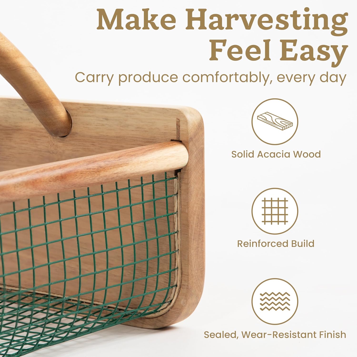 HOMESTEAD Garden Hod Harvest Basket, Durable Acacia Wood Frame with Rotating Handle, Farmhouse Basket for Home Improvement, Gardening, Farm, Kitchen, Indoor Outdoor Use