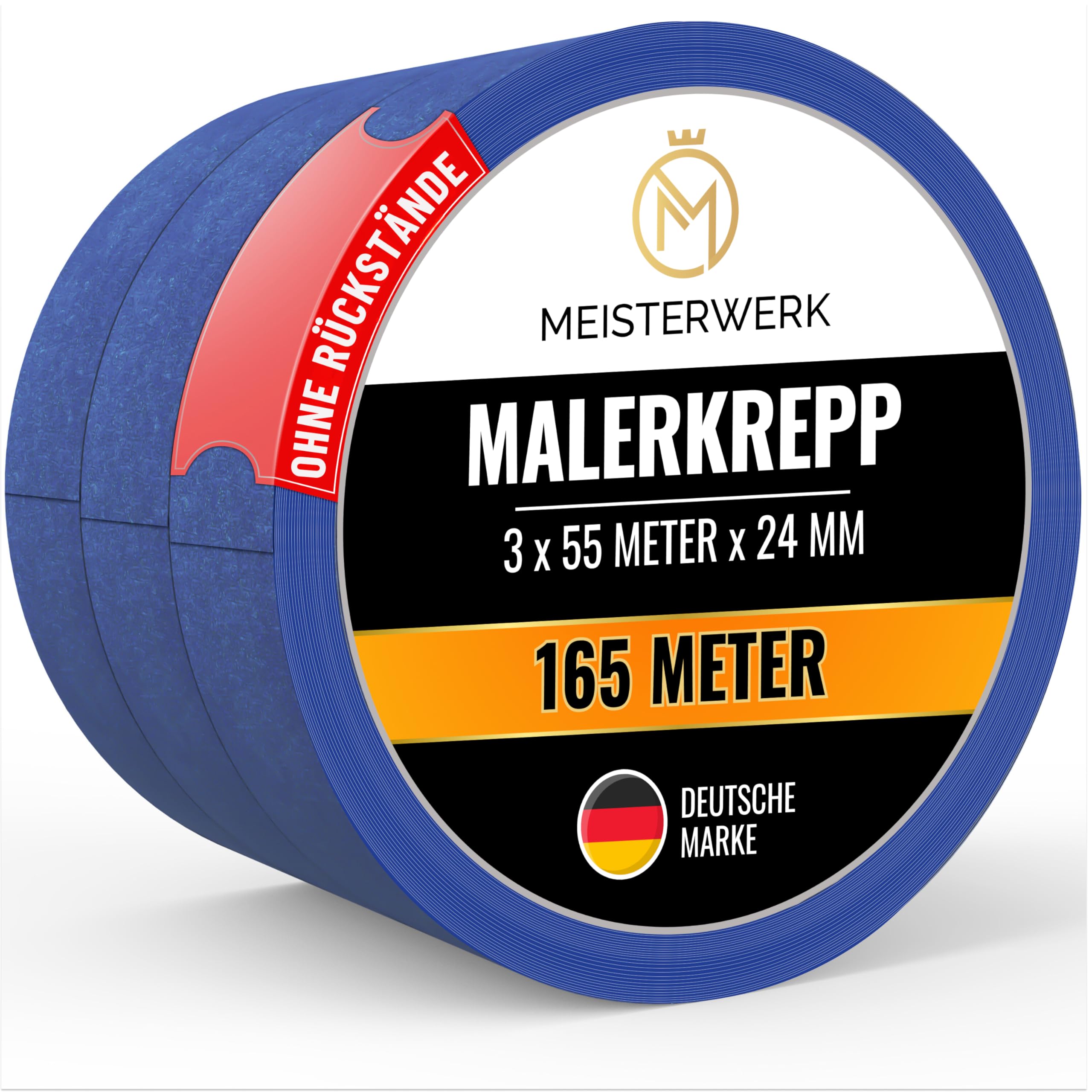 MEISTERWERK Malerkrepp für Malerarbeiten - (OHNE RÜCKSTÄNDE) - 165 Meter Kreppband (24mm Breite) - Rutschfestes Abklebeband für sauberes Renovieren, Streichen & Lackieren