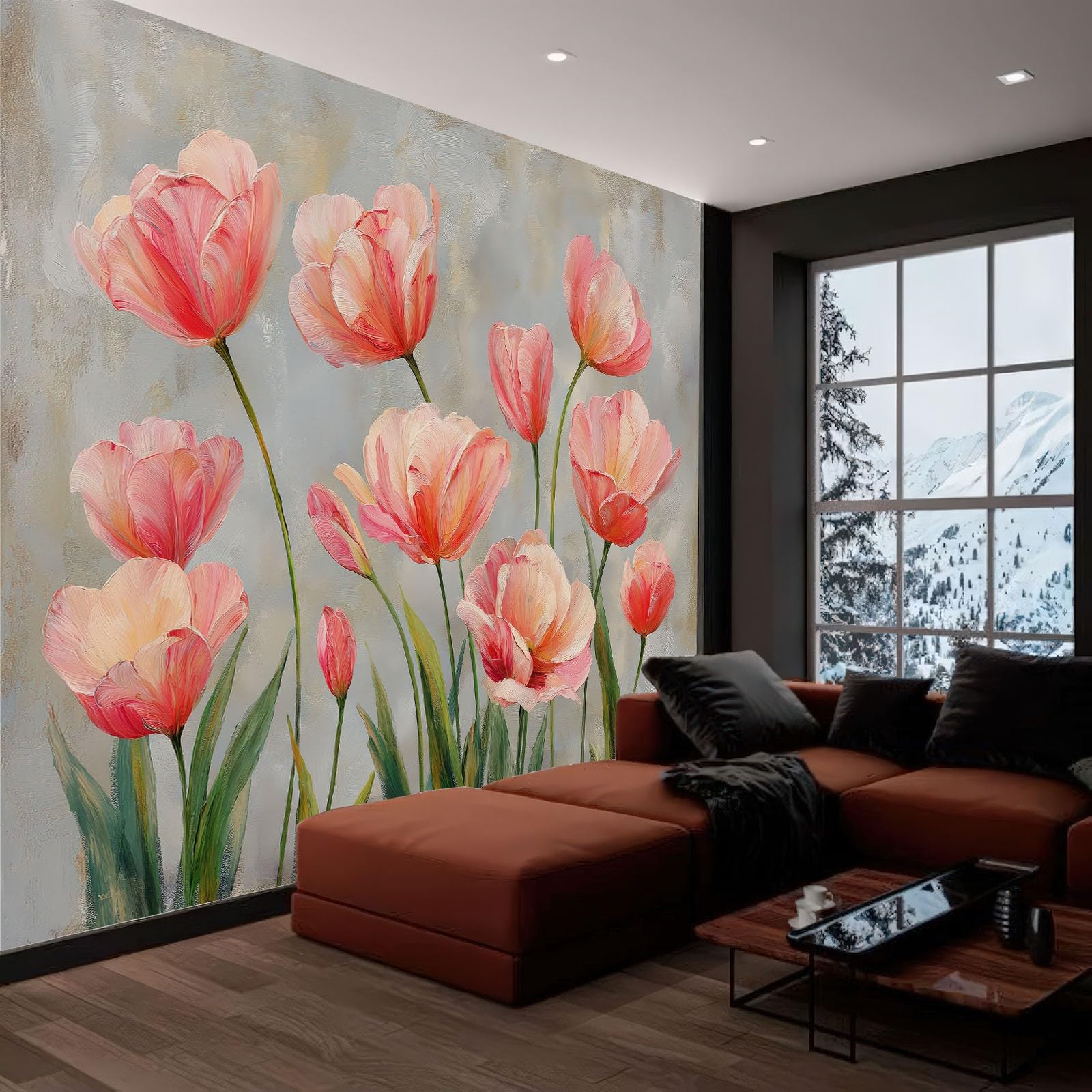 Mural ścienny, tapeta vintage, botaniczne tulipany, dekoracja ścienna do salonu, sypialni, jasnoszara włóknina mural do pokoju dziecięcego, biura, papier fotograficzny, plakat 350 x 256 cm