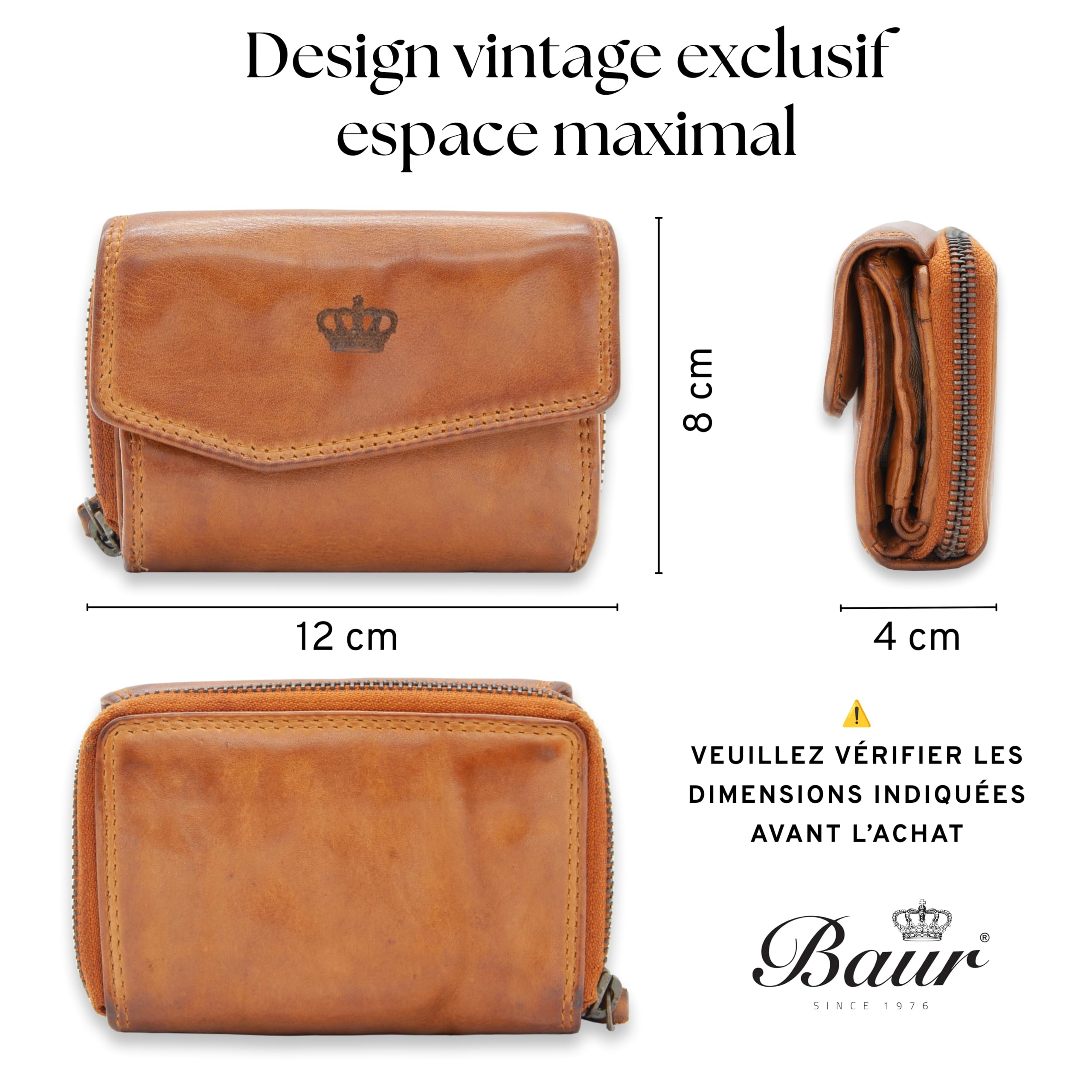 Baur Portefeuille Femme Cuir lavé Extra Doux – Porte-Monnaie Style Used avec RFID – Petit Portefeuille avec Nombreux Compartiments Cartes et Poche à pièces zippée métal (Cognac)
