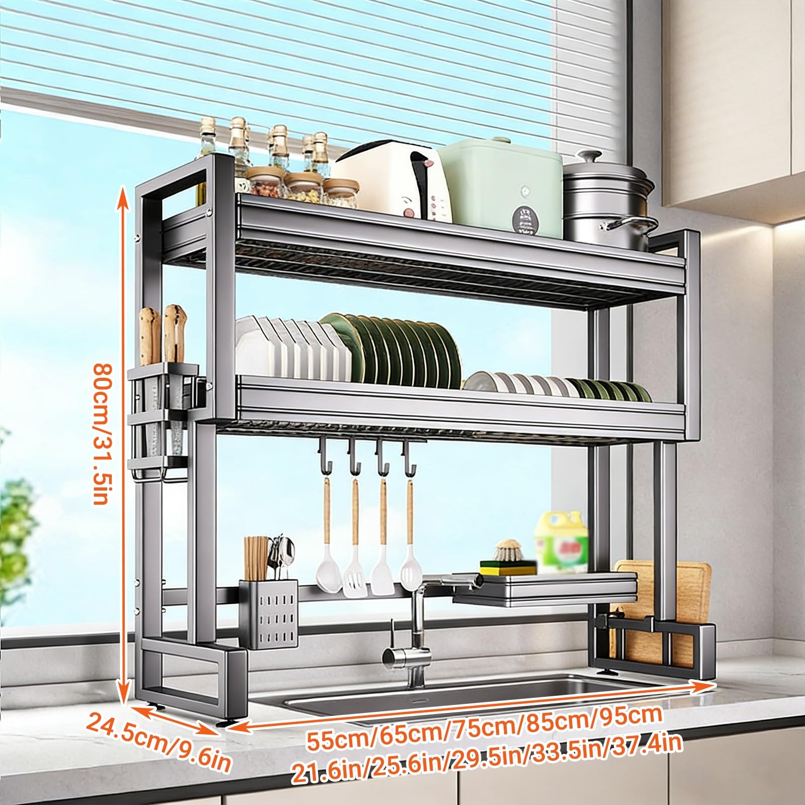 Escurridor de Platos sobre el Fregadero, Estante Multifuncional de Acero Inoxidable para Guardar Platos, Vasos y Cubiertos, Ahorra Espacio en la Cocina (Doble Capa de 95 cm/37,4 Pulgadas).