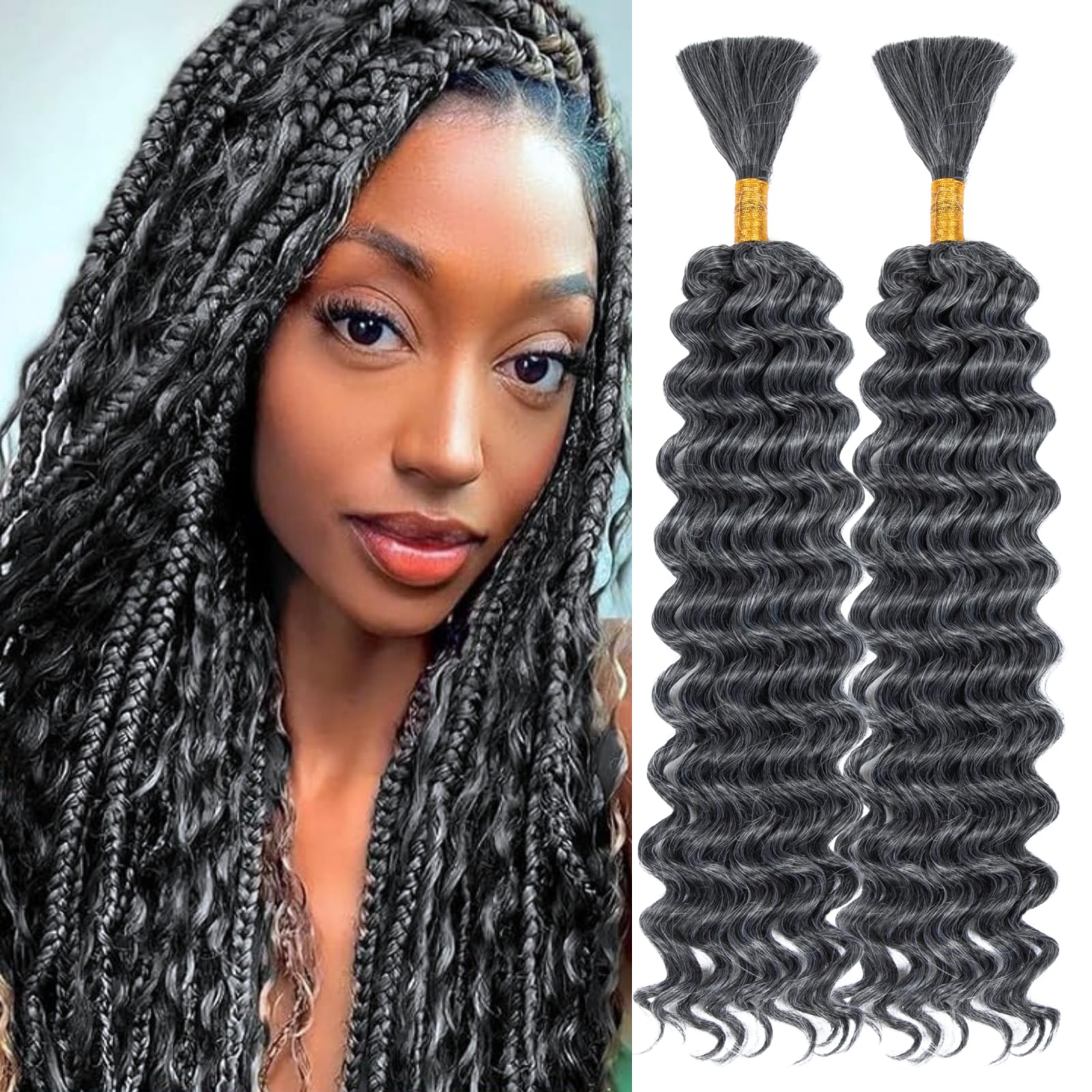 Boho Hair for Braiding 2Bundle 150g 20 Inch Deep Water Wave Bulk Hair for Braiding No Weft Boho Braids Wet and Wavy Hair Extensions（1B/Grey）