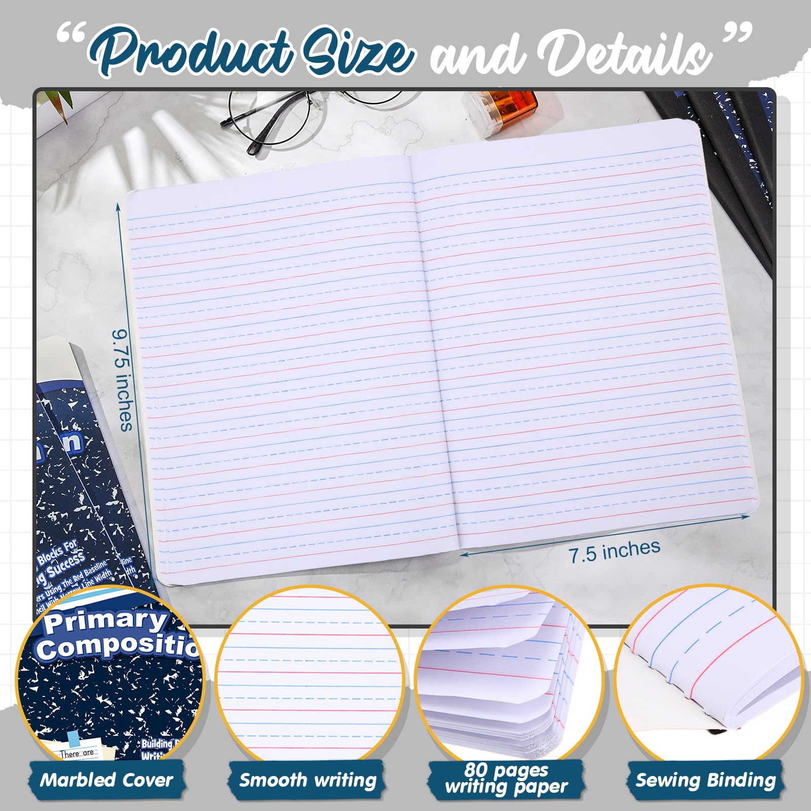 Fulmoon 24 quaderni per composizione primaria, 24 x 19,5 cm, 80 pagine, K-2, a righe, per scrittura primaria, libro di composizione per bambini, asilo, scuola materna, 1° 2° grado (colore blu)