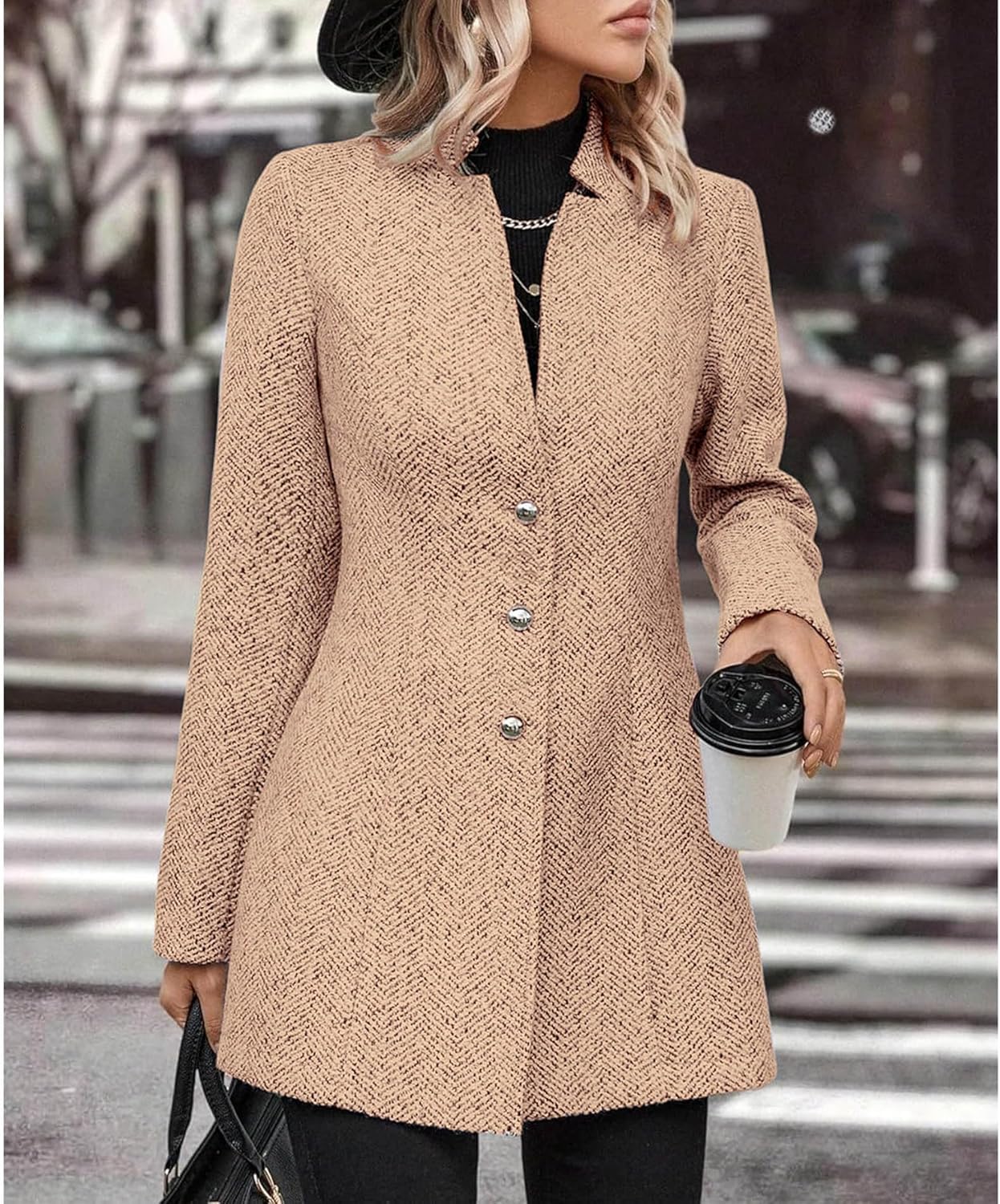 Sexyshine Women's Stand Collar Casual Business Wool Blend Coat Single Breasted Mid Long Blazer Jacket Slim Pea Coat
