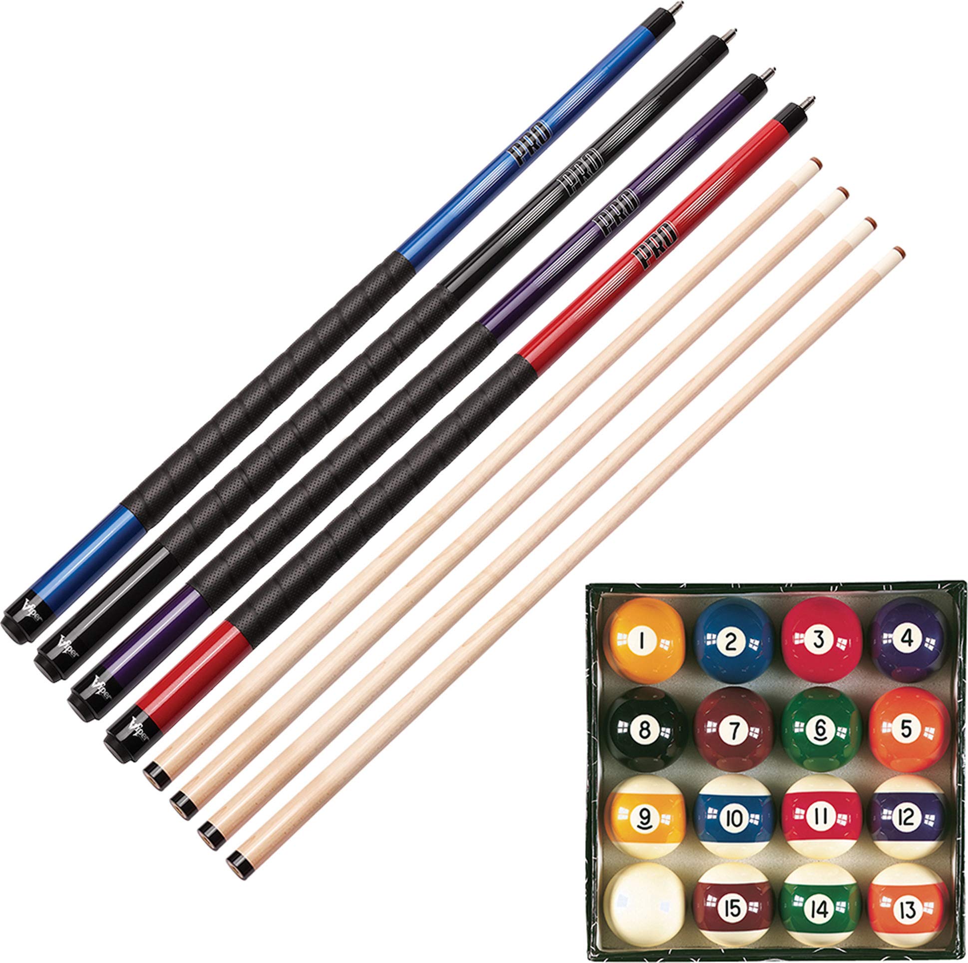Viper Billiard Master Pool Ball Set, Viper Sure Grip Pro Red Cue, Viper Sure Grip Pro Purple Cue, Viper Sure Grip Pro Black Cue, and Viper Sure Grip Pro Blue Cue
