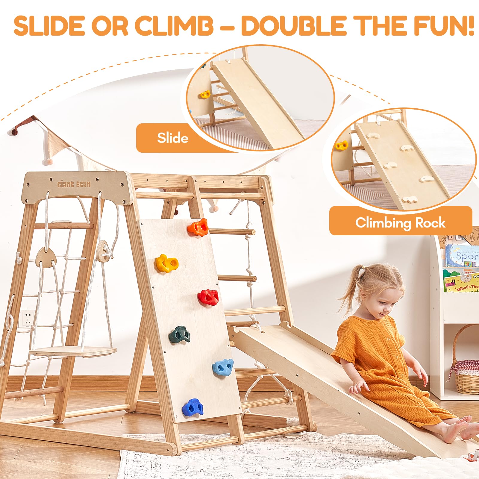 Indoor Klettergerüst ab 1-3 Jahre 7 in 1 Montessori Klettergerüst Großes Klettergerüst aus Holz Klettergerüst mit Rutsche, Holz Kletterturm mit Leiter und Rutschbahn für Kinder (1-3 Jungle Gym)