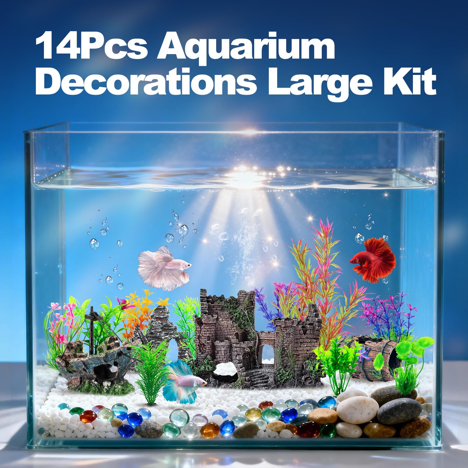 CousDUoBe Kit grande de 14 piezas de decoraciones de acuario, decoraciones de burbujas de castillo, barril de estrella de mar, roca de cueva de resina, material de resina, barco hundido, plantas de