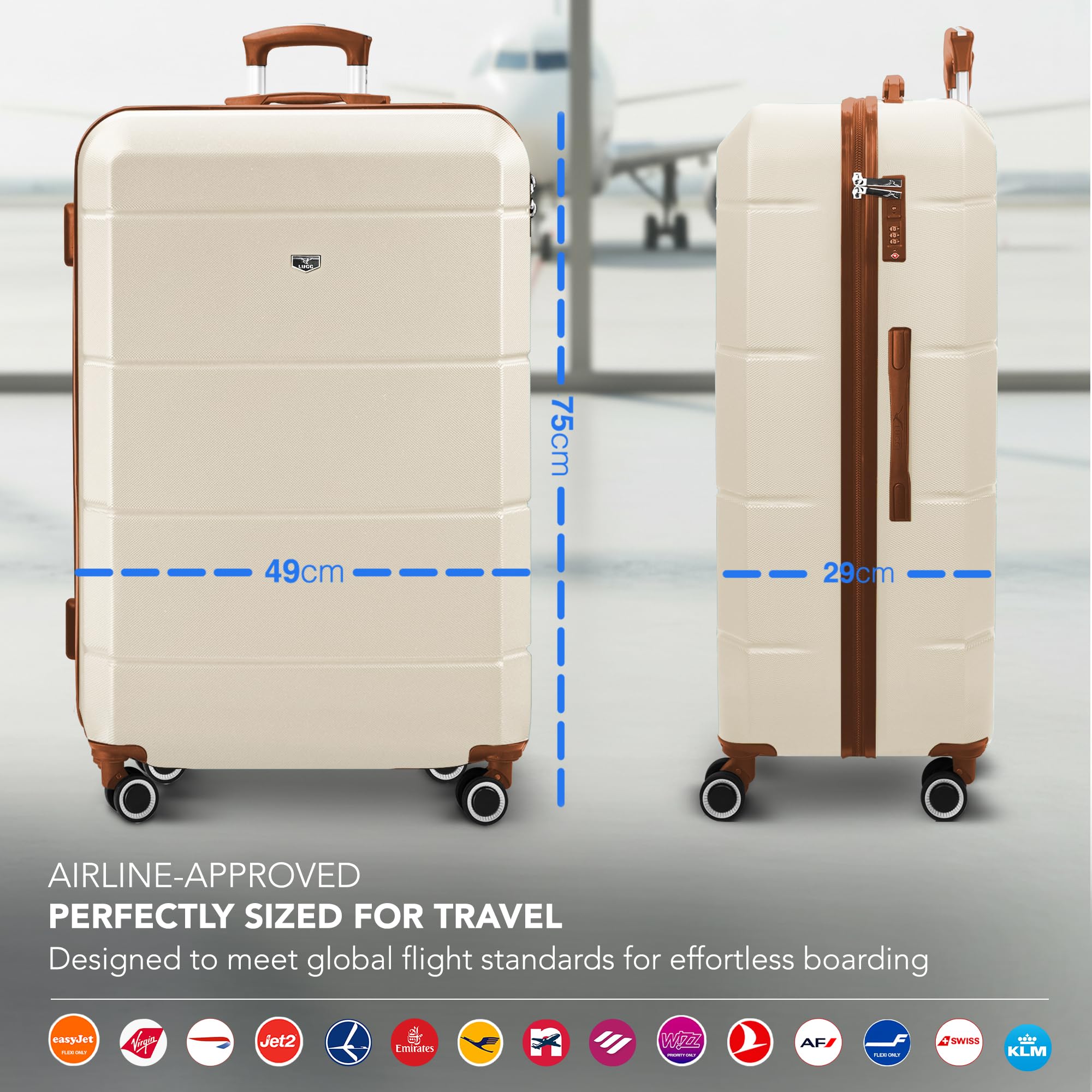 LUGG - Jetset 40cm Suitcase - 40x30x20cm- Ryanair Compatible - Underseat Size - Hard Shell ABS - Spinner & Removable Wheels - Lightweight Travel Luggage- Cream/Brown — view 59