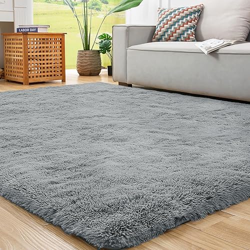 ROCYJULIN Alfombra de 8 x 10 pies, gris claro, pelo alto, alfombra de área para sala de estar, dormitorio, sala de juegos, habitación de los niños