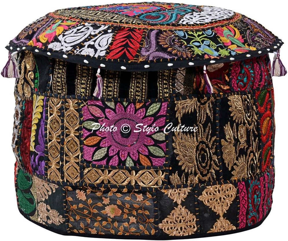 Stylo Culture Round Patchwork Footstool Pouffe Cover Black Indian Foot Stool Seat Cotton Embroidered Ottoman Stool Pouf Cover Floral Indian Living Room Decorative Furniture (22x22x14) (COVER ONLY) - Image 3