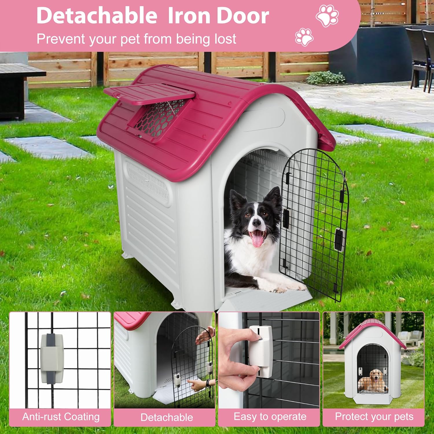 Red Sloped Roof Dog House - 38" Height All Weather Pet Shelter for Small to Medium Dogs, Outdoor Plastic Puppy Kennel with Air Vents and Elevated Floor, Up to 28lbs