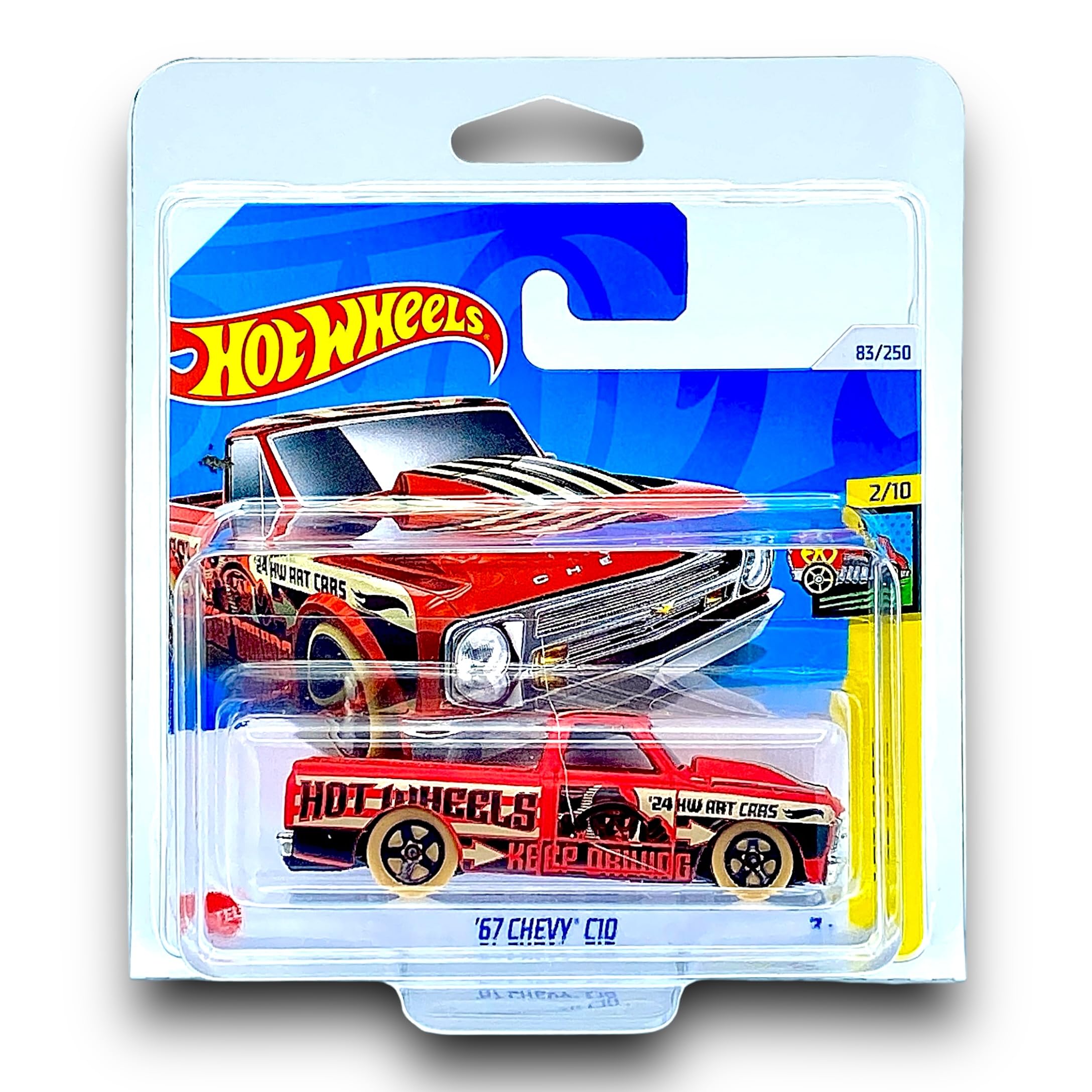 Hot Wheels '67 Chevy C10 (Red, Black & Tan) 2/10 HW Art Cars - 2024-83/250 (Short Card) - includes a KLAS Car Keeper Protector Case - HTD72