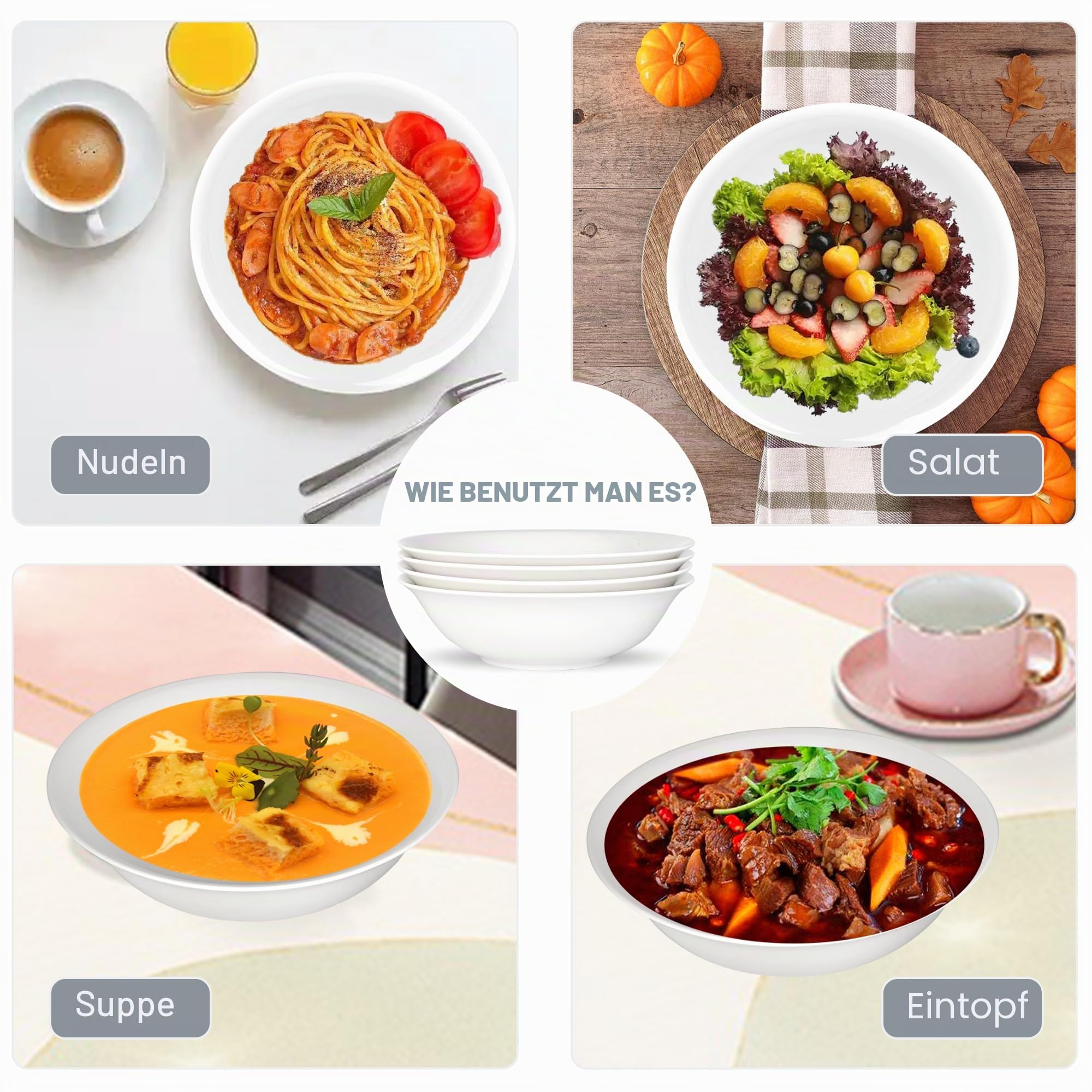 Suppenteller, 4Teilige 1.5L Tief Pastateller Salatschüssel, Groß Knochen porzellan Servier Schüssel Teller Set für Salat Pasta Eintopf Ramen Pho Obst, Weiß Keramik Schale Φ23.5cm