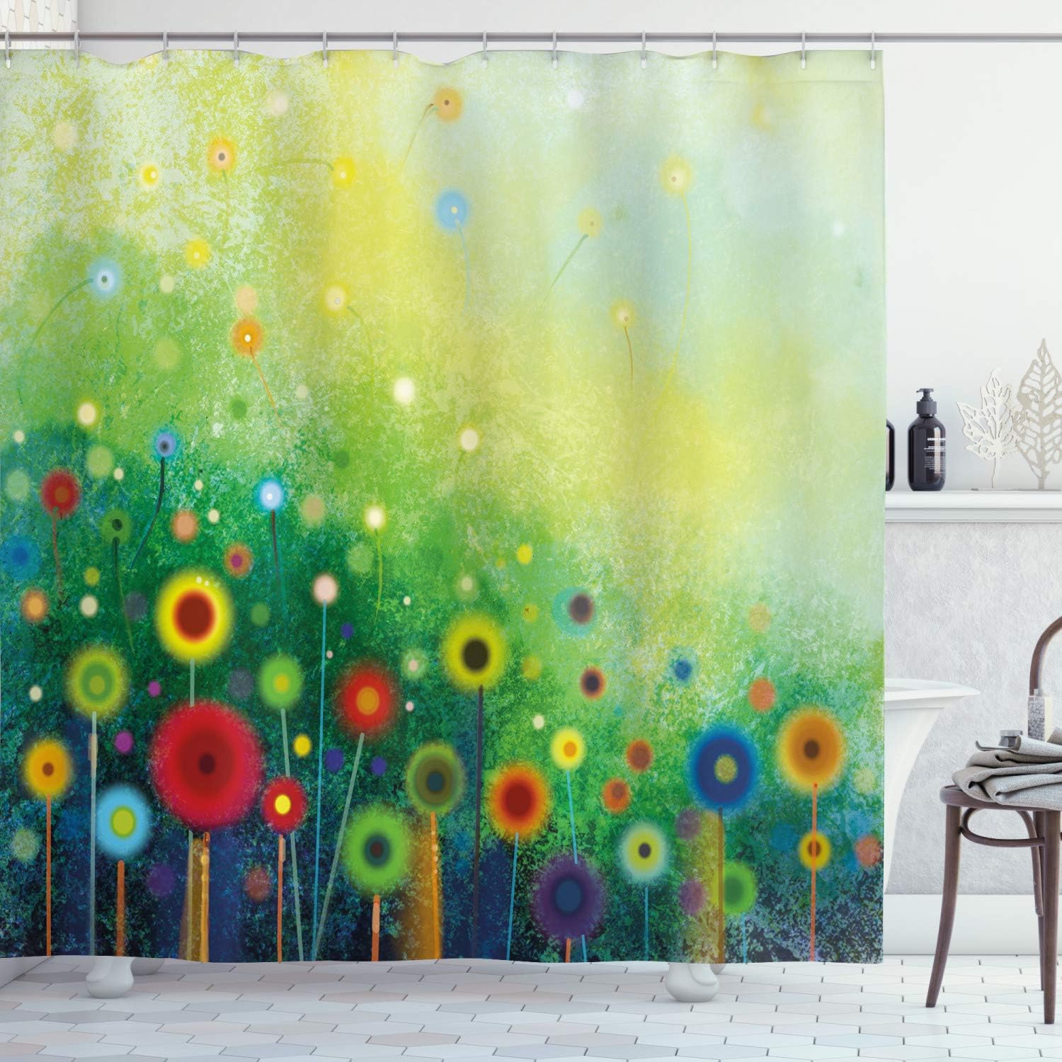 Ambesonne Flower Shower Curtain, Abstractly Shaped Retro Round Seasonal Blooms Floret Petal Cloudy Botany Scenery Print, Cloth Fabric Bathroom Decor Set with Hooks, 69" W x 75" L, Green