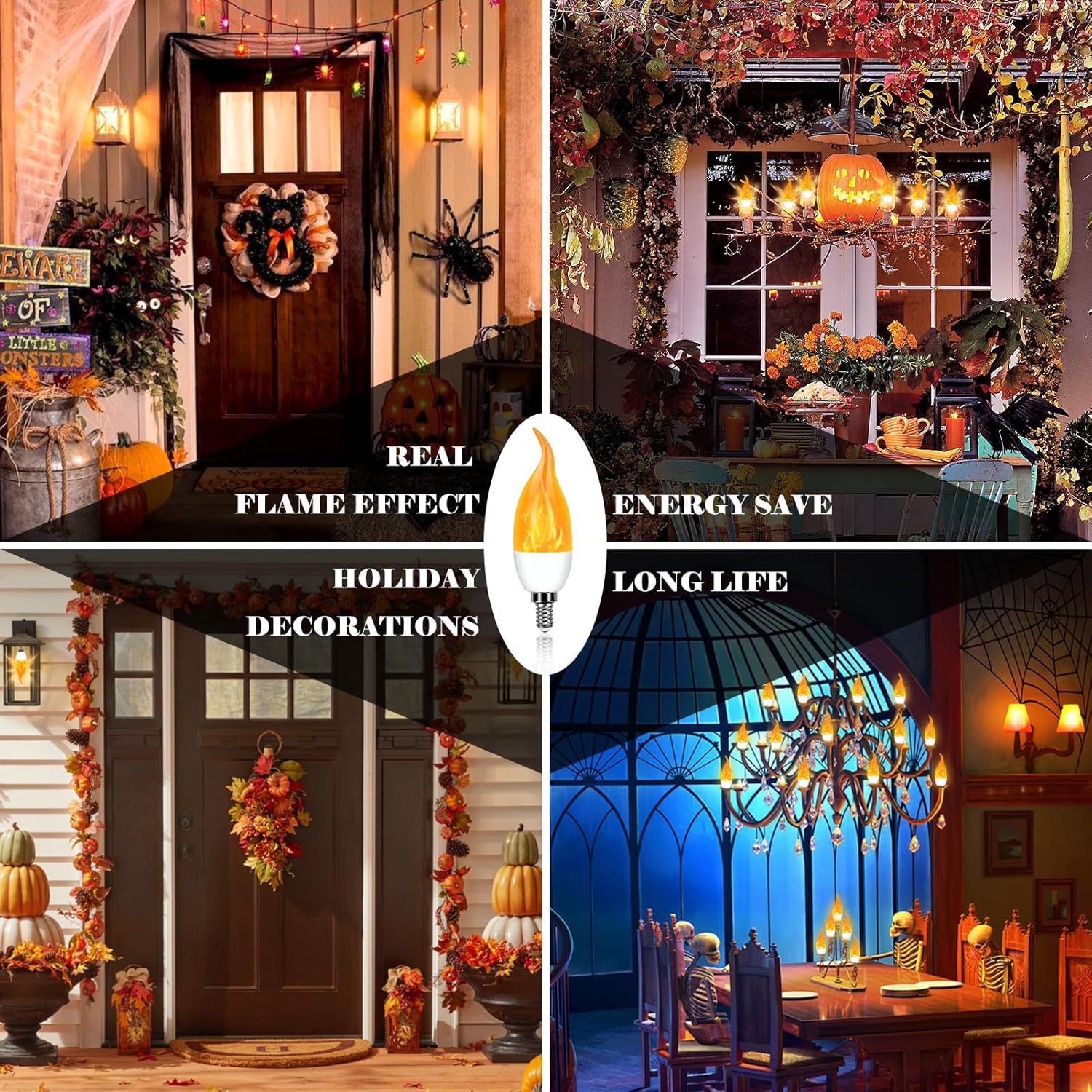 E12 LED Flickering Candelabra Flame Effect Light Bulbs - Upgrade Flicker Candelabra Torch Fire Effect Lights Bulbs for Outdoor Halloween Xmas Holiday Decorations Indoor Lamp (6 Pack)
