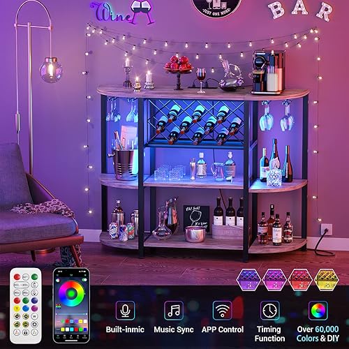 Vista 20 de Unikito Mesa de estante para vino con enchufe y luz LED, gabinete de barra de piso para licor y vasos, mesa de bar de café de madera con estante