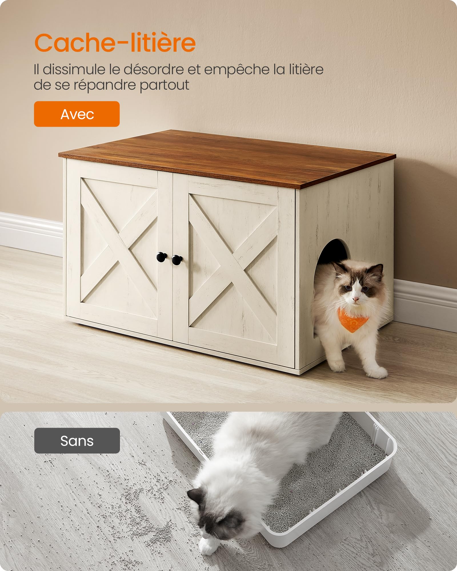 Feandrea Maison de Toilettes pour Chat, Niche, Meuble Litière Chat, avec Séparateur Amovible, Cache-litière, Table Basse, 80 x 53 x 50 cm, Marron Miel et Blanc Rustique PCL002P01V1