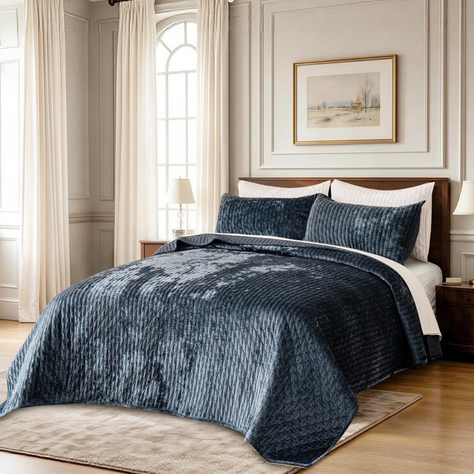 TAOTAOGO Velvet bedspread, 2 Shams, Oversized quilt, Storm Blue 230x250cm