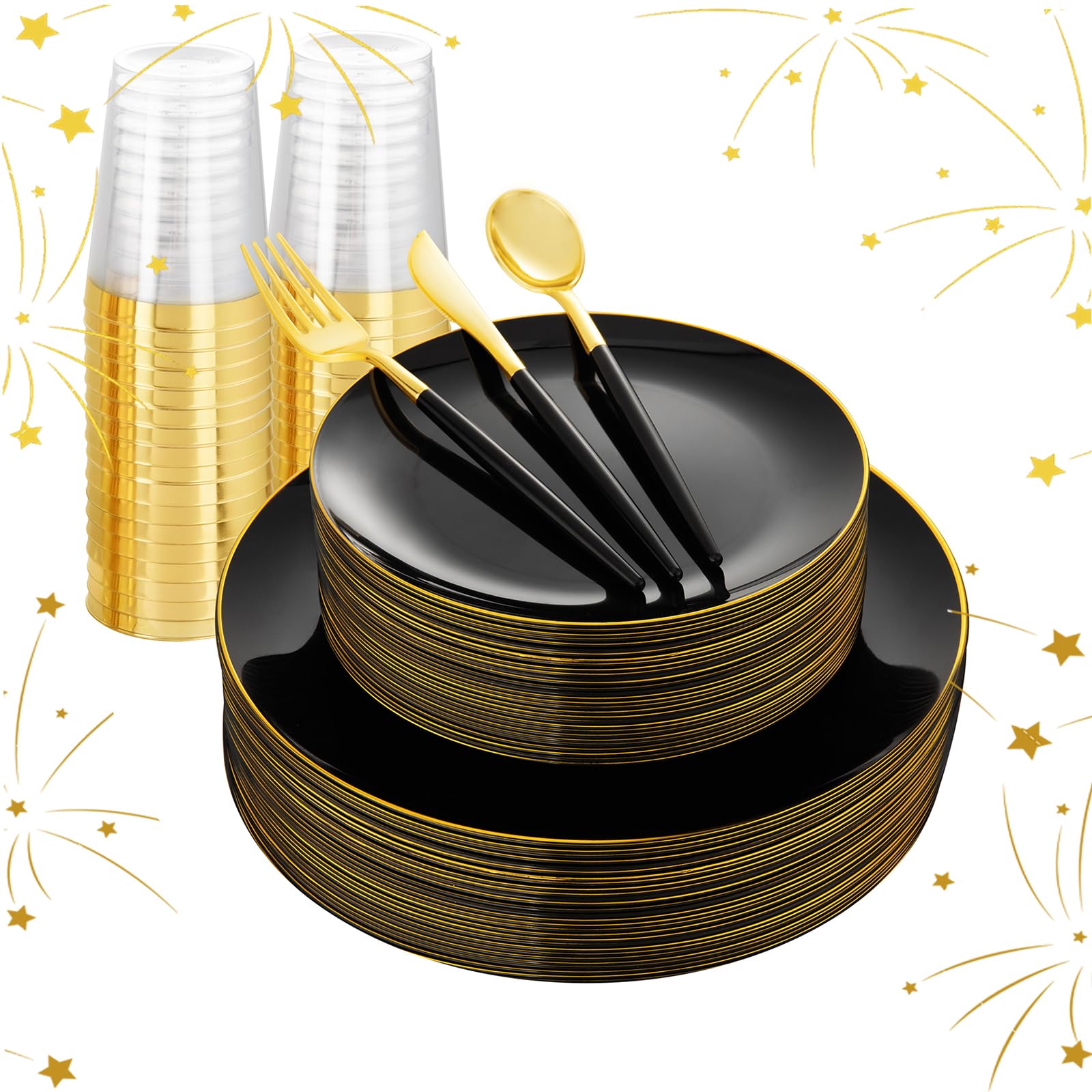 LIYH 180 Pcs Black Plastic Dinnerware Set with Gold Silverware, Black Plastic Plates Disposable Heavyduty Disposable Utensils Set for Parties, Happy New Year 30 Guests