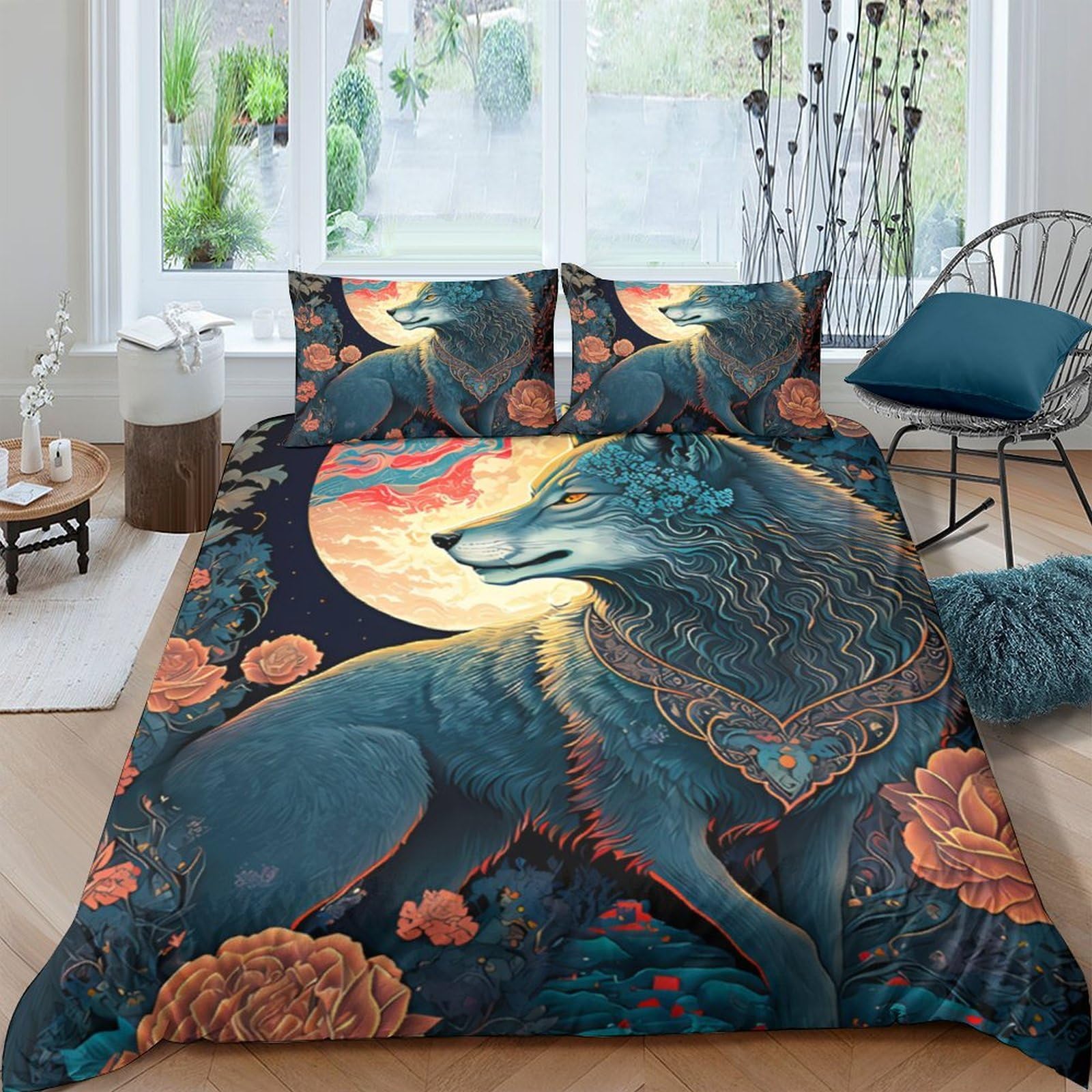Ctjqhvkz Style-4 3D Printed Moon Wolf Fitted Sheet Microfiber Soft Breathable Floral Forest Mattress Cover For Bedroom Dorm Decor Single（135X200cm）