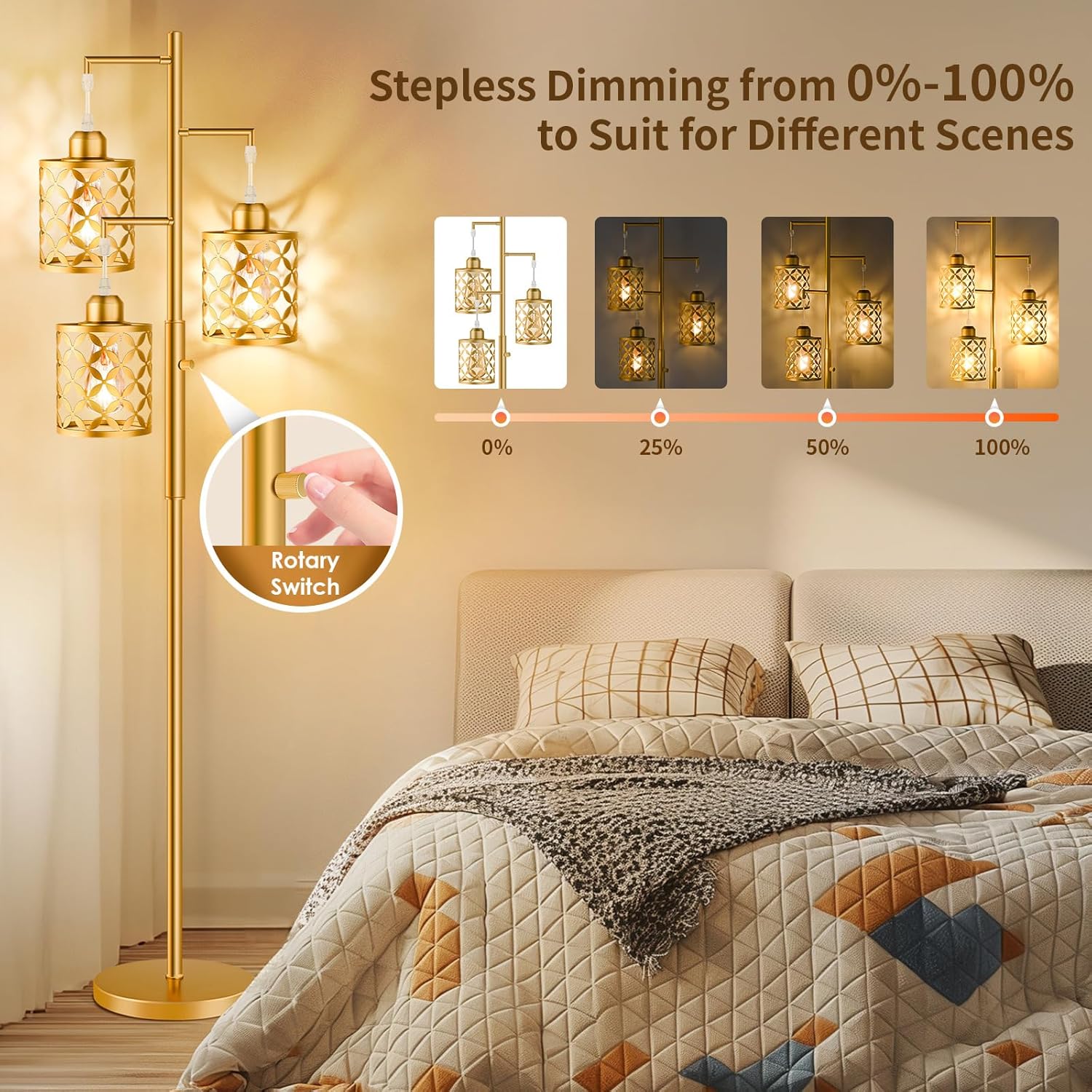 Dimmable Floor Lamp, Farmhouse Standing Lamp with Elegant Metal Cage, Industrial Tall Tree Floor Lamps for Living Room, Bedroom, Study Room, Office, 3 x 800LM LED Bulbs Included, 72", Gold