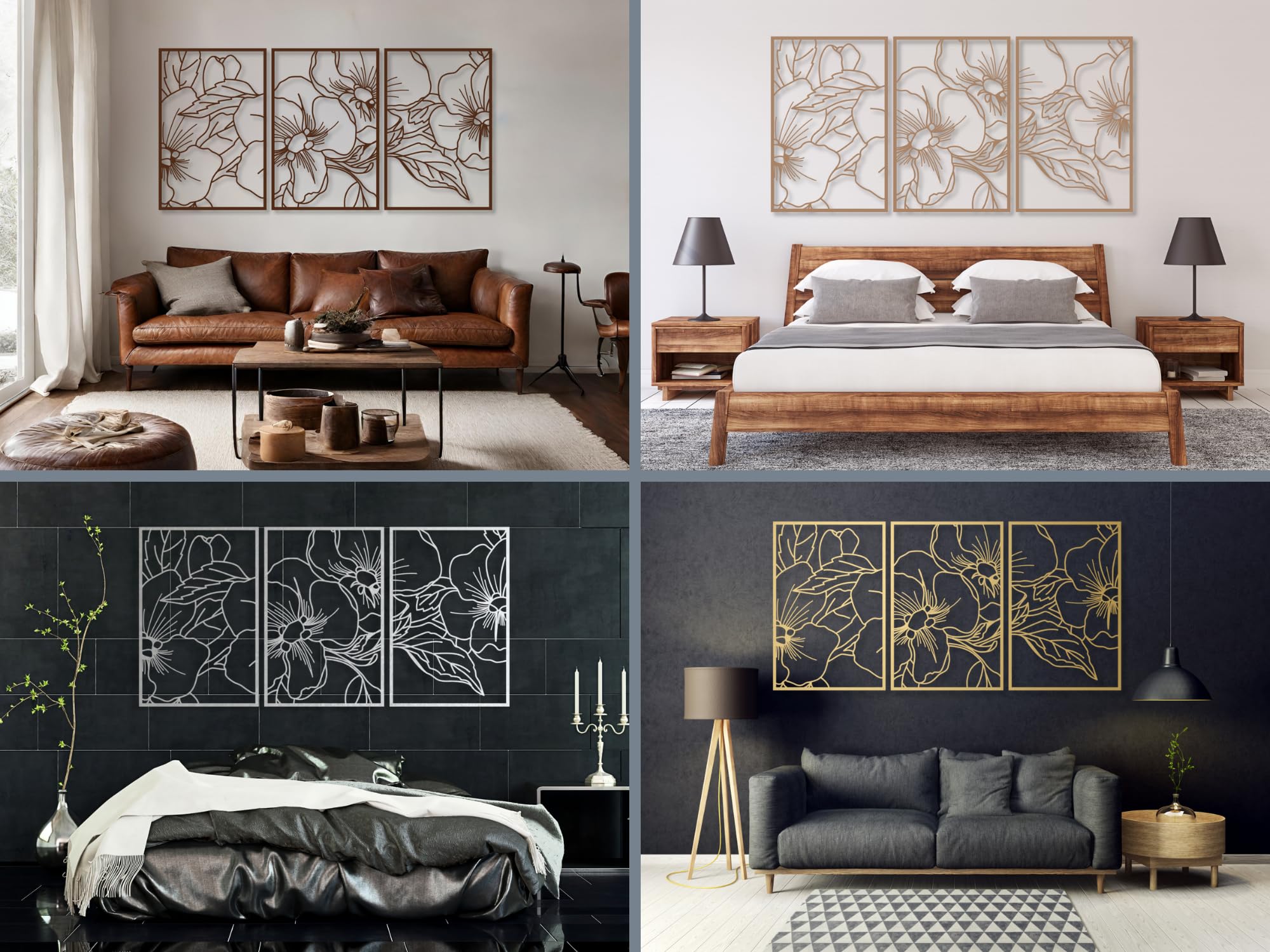 Vailla Lot De 3 Fleurs Décoratives Murales Géométriques En Bois 3D - Grande Décoration Murale Chambre, Salon, Cuisine