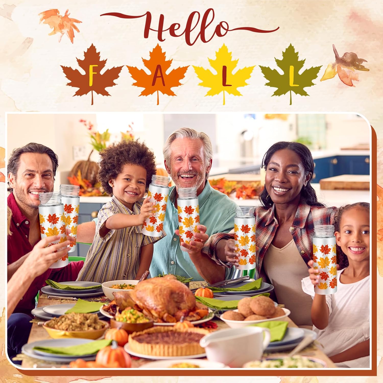 FYSUIMU 24Pcs Fall Maple Leaves Plastic Bottles with Lids Autumn Leaves Reusable Water Bottle Bulk Clear Juice Bottles for Thanksgiving Harvest Gathering Party Supplies