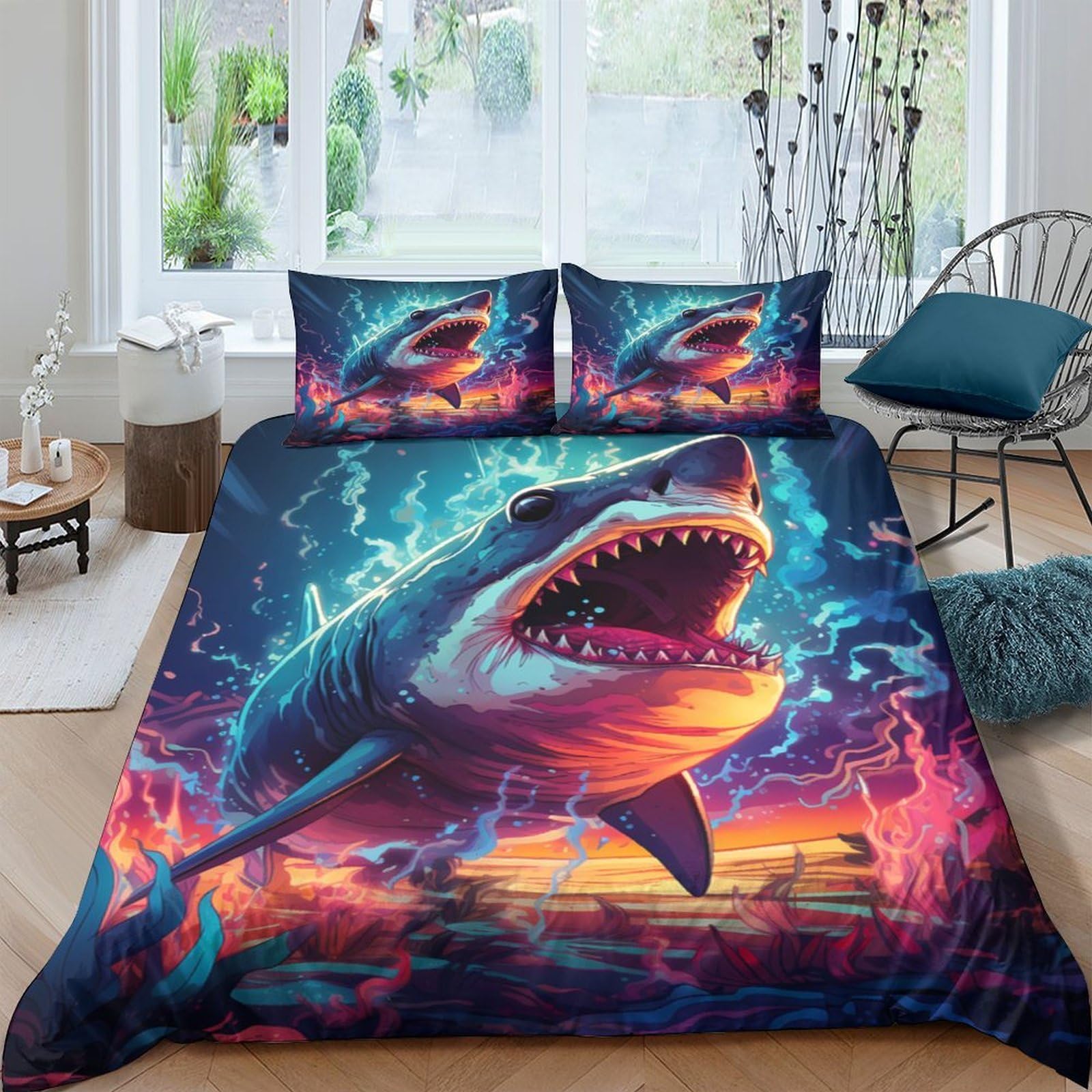 Ctjqhvkz Style-3 3D Printed Shark Ocean Fitted Sheet Microfiber Soft Breathable Sunset Bed Cover For Bedroom Dorm Mattress Protection Decor Single（135X200cm）
