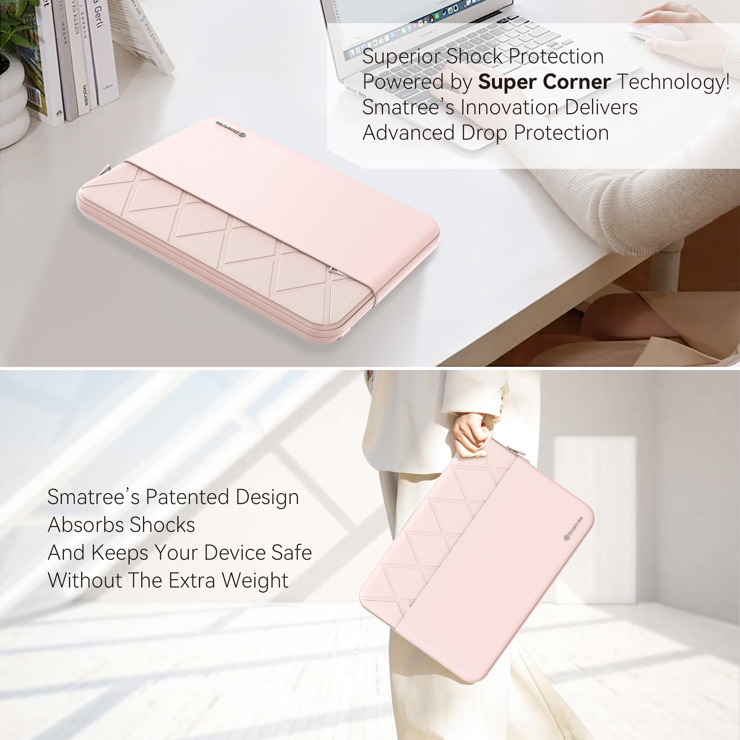 Smatree Funda para portátil Lenovo ThinkPad E14 Gen 4/5/6 de 14" con bolsillo para accesorios, cierre de cremallera YKK, diseño patentado resistente a los golpes, rosa (E425P)