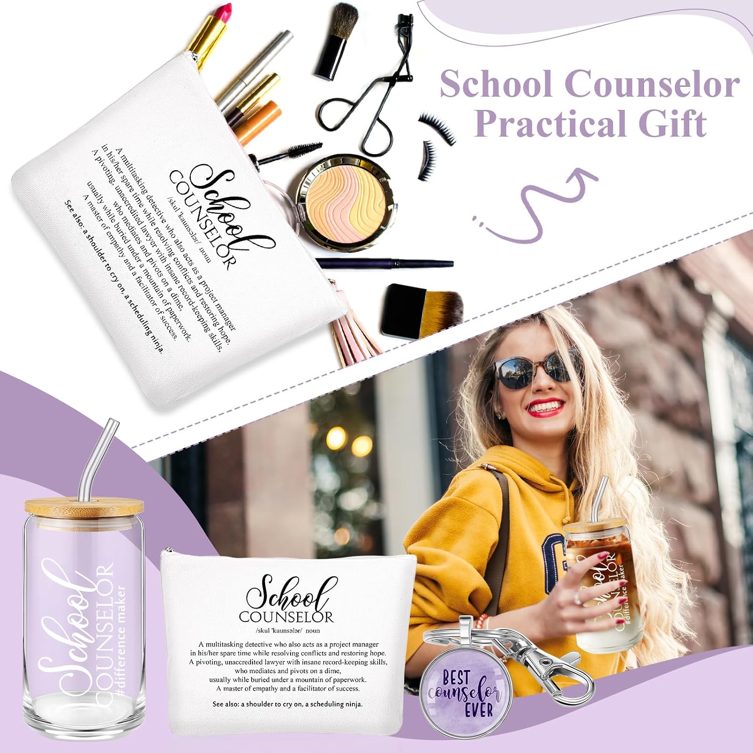 5 Pcs School Counselor Gifts 16oz Glass Cup Notebook, Purple image 4