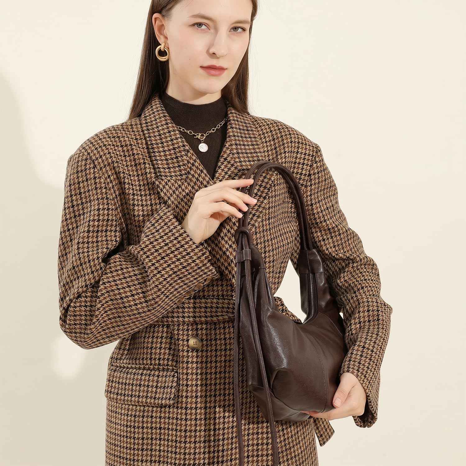 Damen Croissant Tasche aus echtem Leder, Retro Unterachseltasche und Schultertasche, Klassische Halbmond Umhängetasche mit verstellbarem Gurt für Büro und Alltag Braun