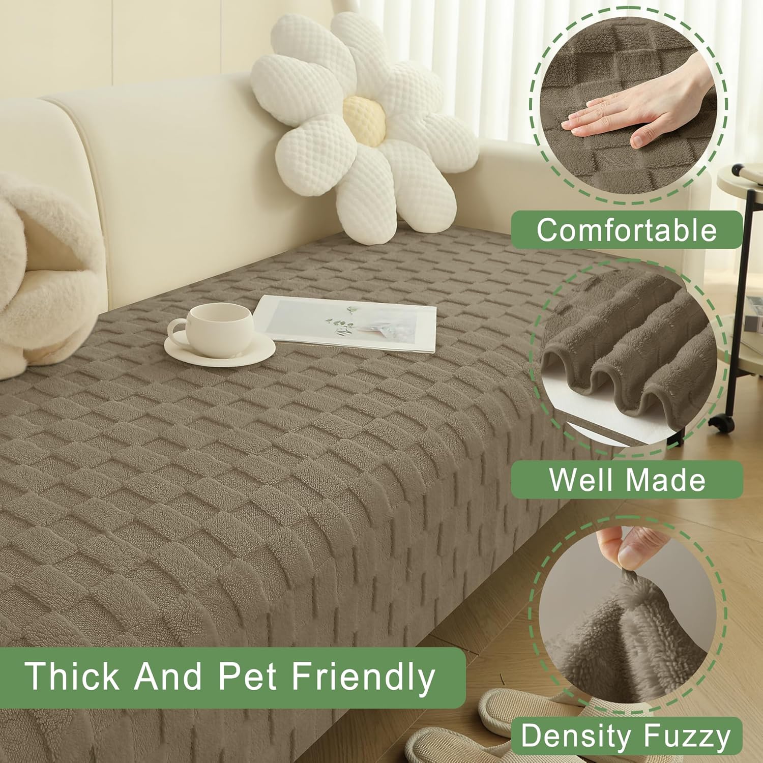 Foxdecor Couch Covers for 3 Cushion Couch Sofa Pet Friendly, Funny Fuzzy Pet Couch Covers, Anti Slip Sofa Covers Dog Cover for Couch Protector. (Brown, 30x53 inch)