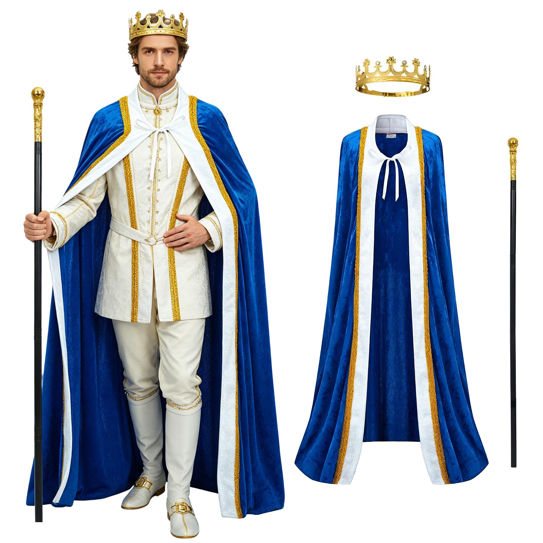 Regenboog King Costume for Men and Women, Queen Costume,Adult King Cape Robe Metal Crown Scepter, Lord Farquaad Costumes, Robe Blue, Medium