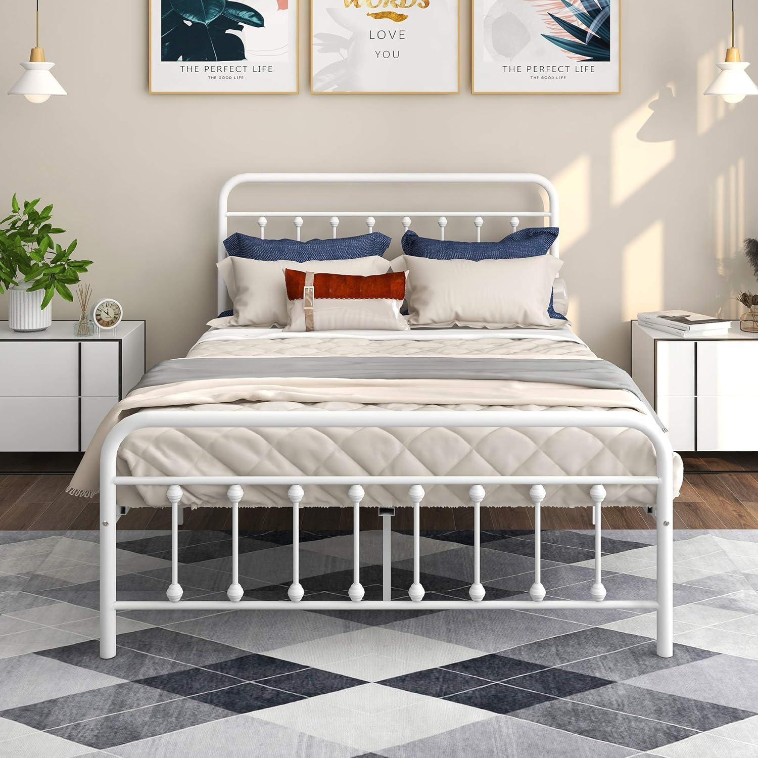 DUMEE Metal Full Size Bed Frame Platform with Vintage Headboard and Footboard Sturdy Premium Steel Slat Support No Box Spring Needed, Textured White