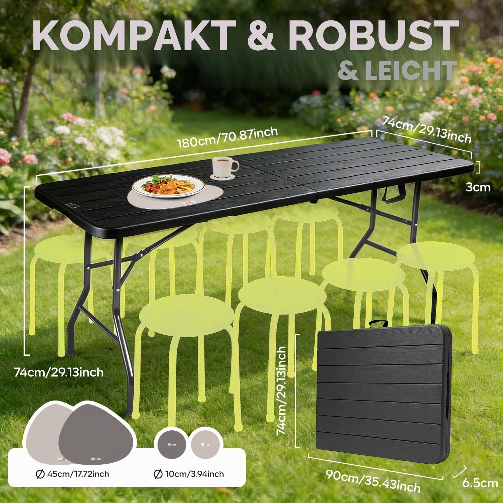 Klappbarer Gartentisch 180x74cm, Outdoor Campingtisch für 8 Personen, schwarz mit Holzoptik-Kunststoffplatte, Metallrahmen, belastbar 150kg, 3 Sicherheitsverschlüsse, Buffetstisch für Garten, Balkon