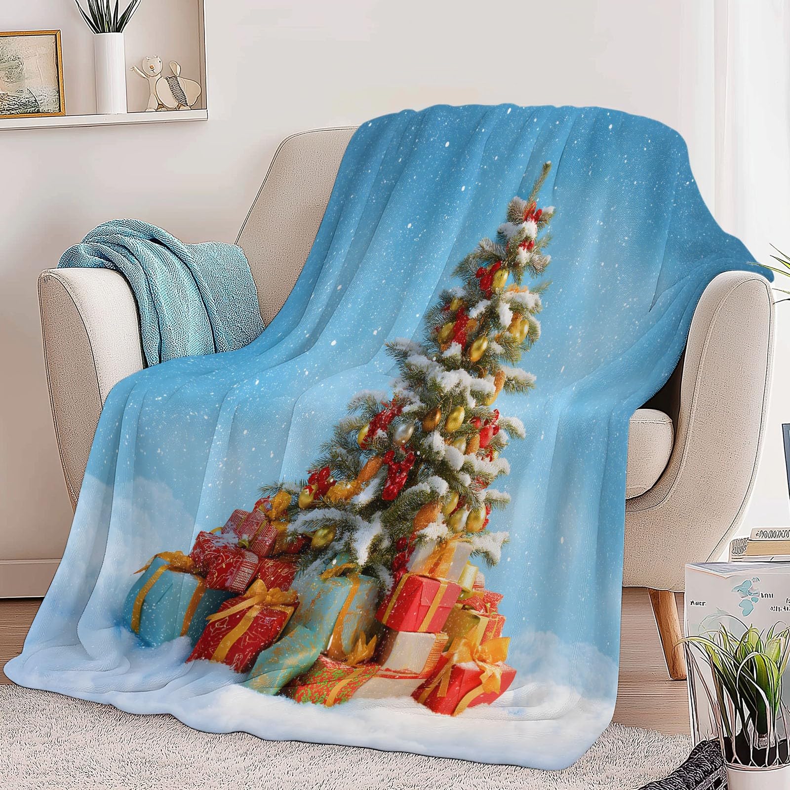 Generico Niebieski flanelowy koc w kratę świąteczny motyw choinki prezenty miękki lekki koc 220 x 240 cm - nadaje się do łóżka kanapy kempingowej podróży leżak