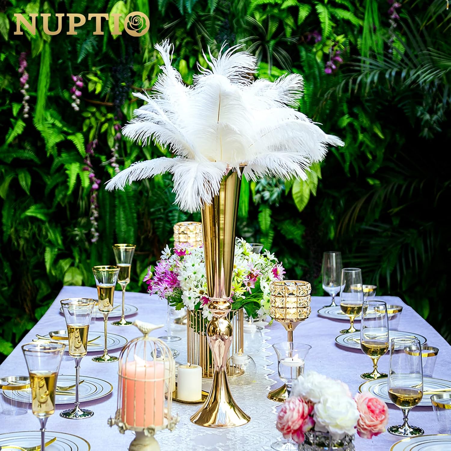nuptio gold tall centerpiece table: 21.9" trumpet vases for wedding metal flower stand for party decorations set of 10 10 pcs gold
